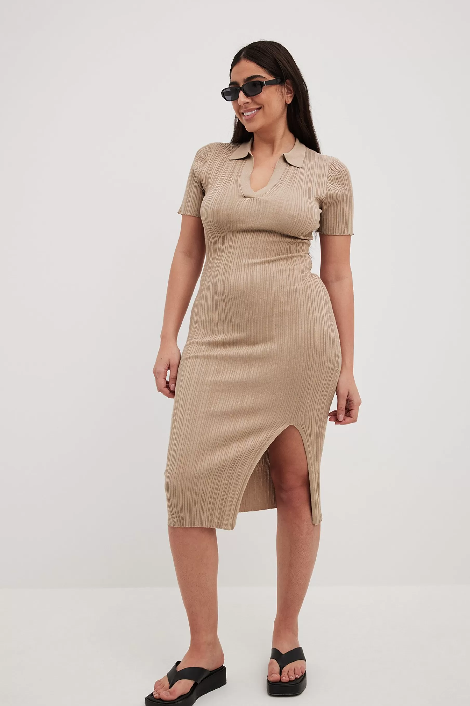 NA-KD Rib Knitted Collar Midi Dress Beige