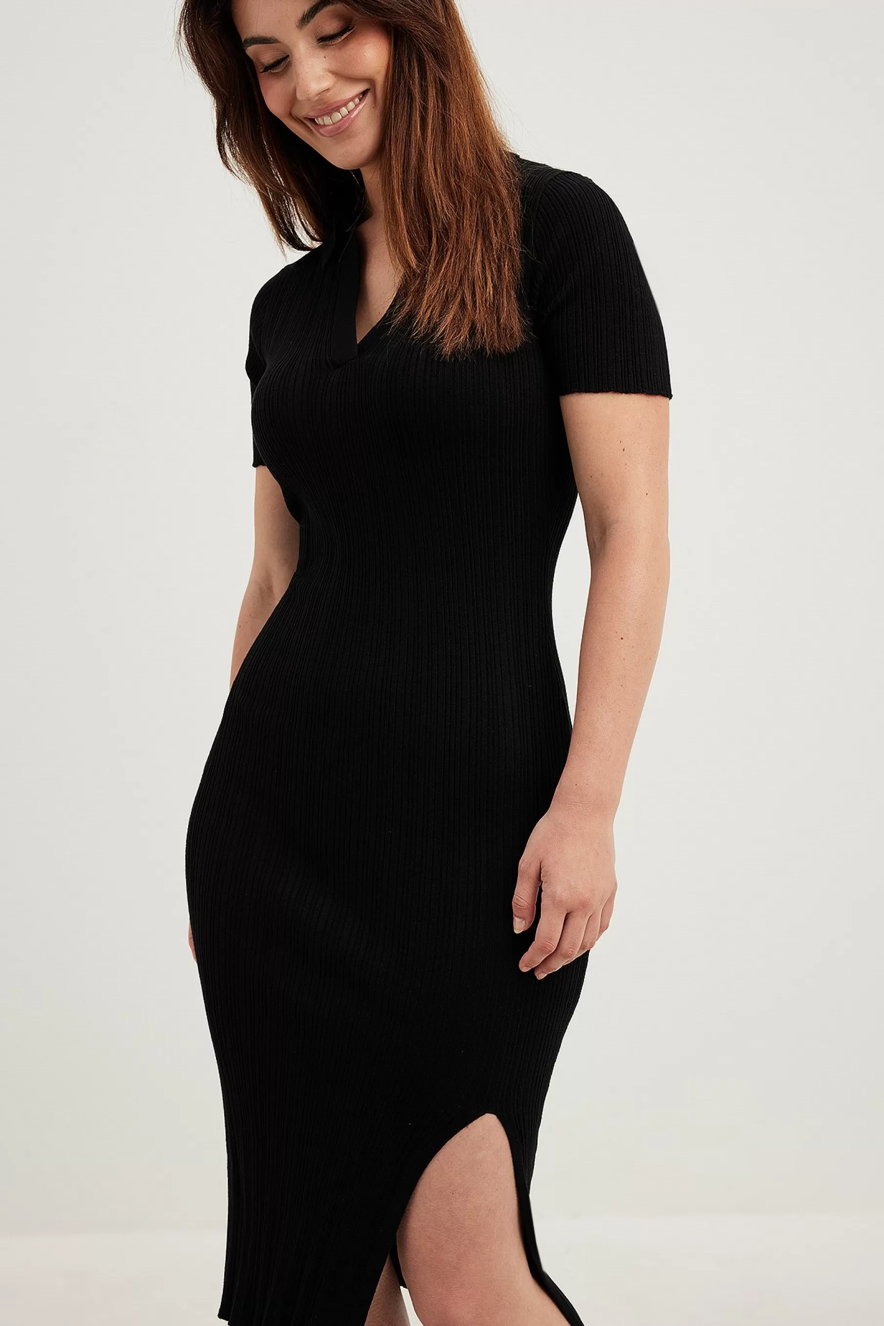 NA-KD Rib Knitted Collar Midi Dress Black