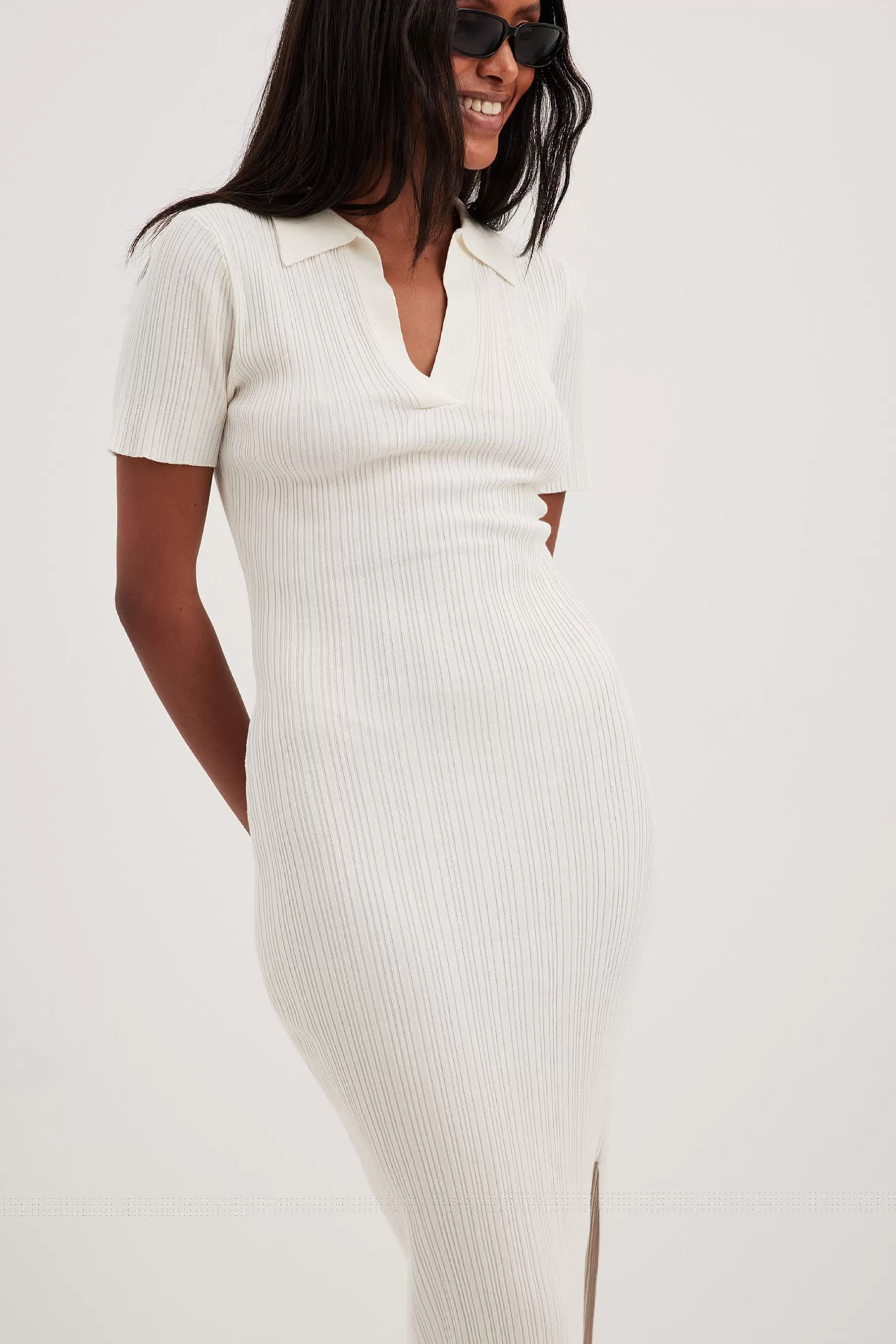 NA-KD Rib Knitted Collar Midi Dress White