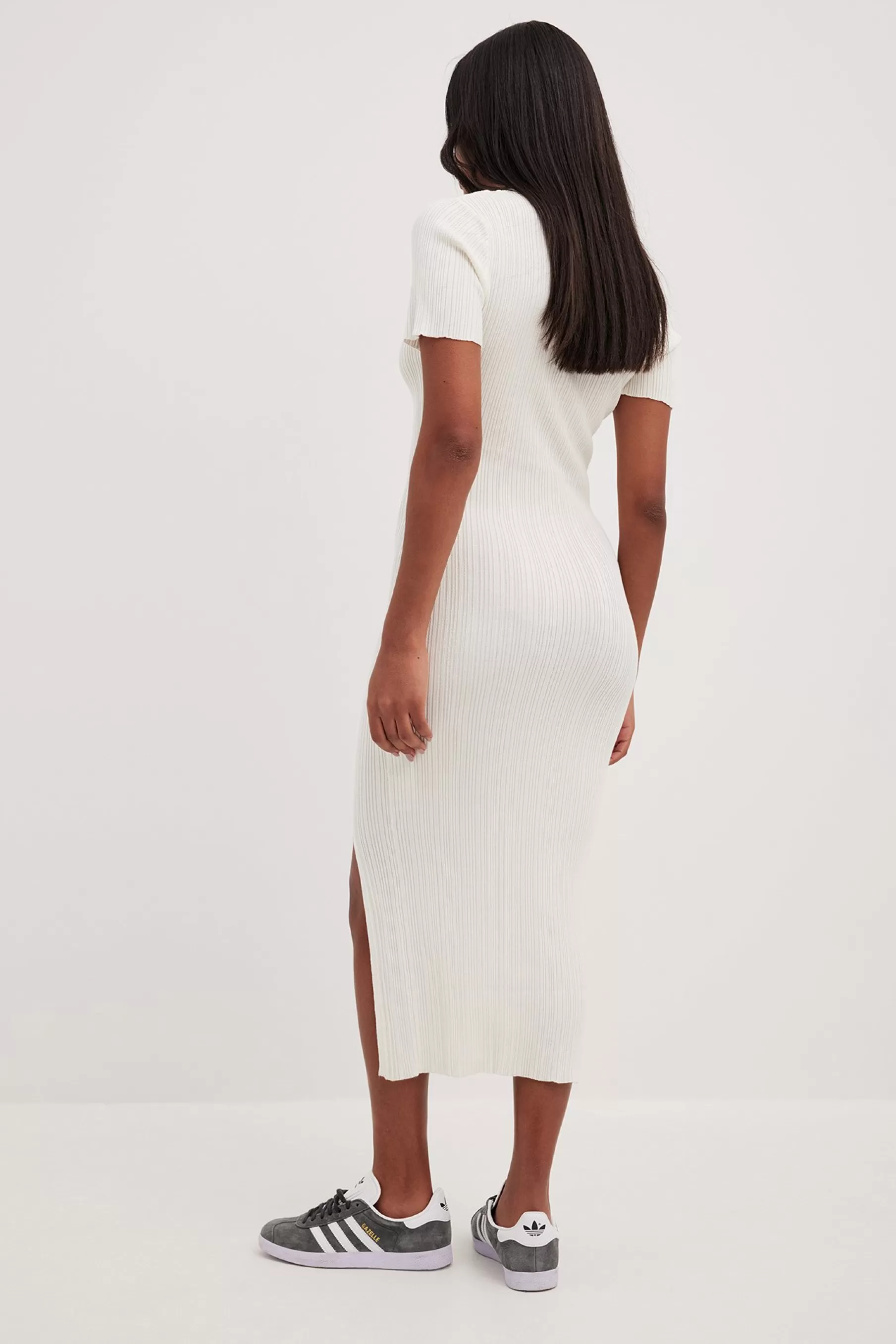 NA-KD Rib Knitted Collar Midi Dress White