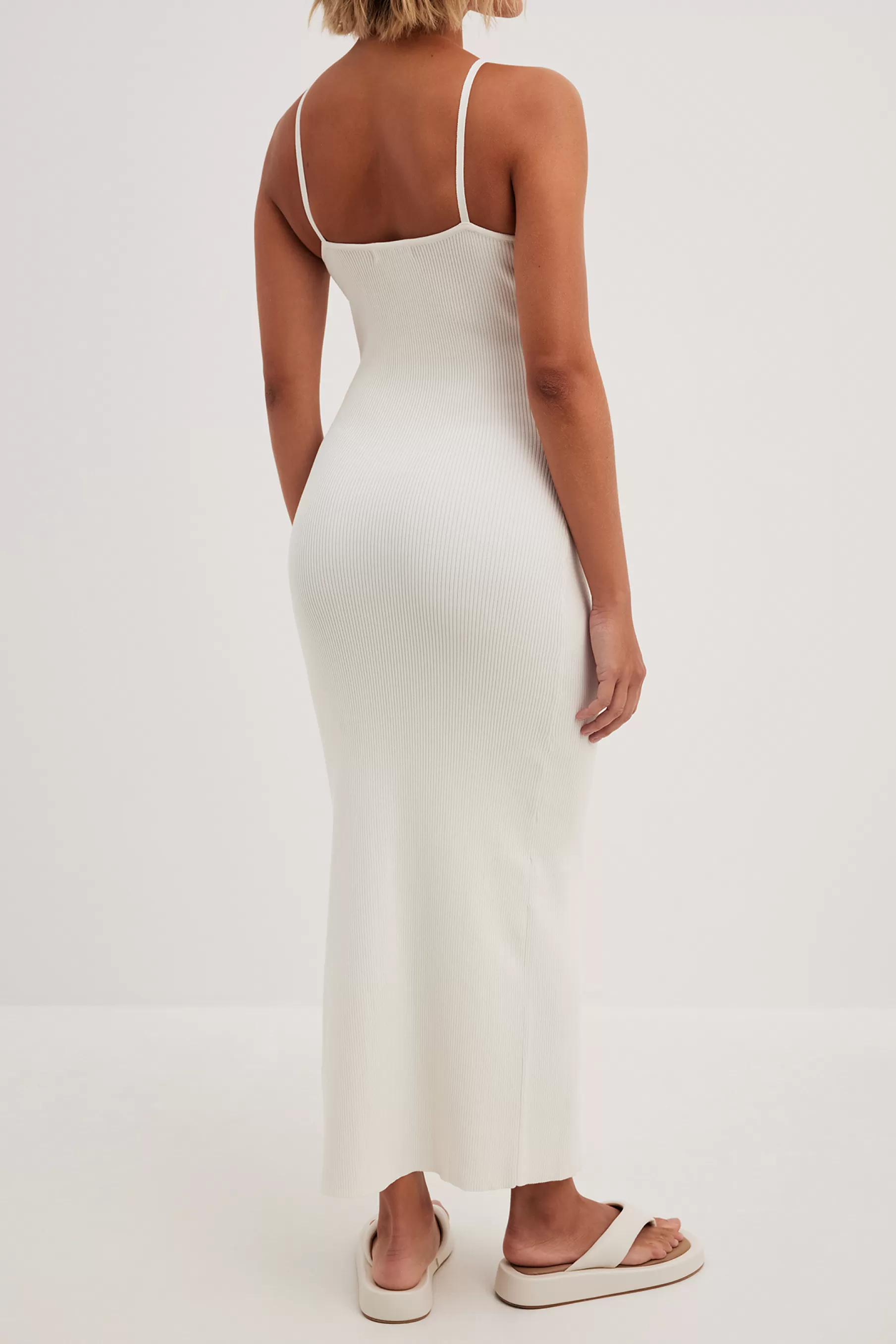 NA-KD Rib Knitted Cut Out Detail Midi Dress Offwhite