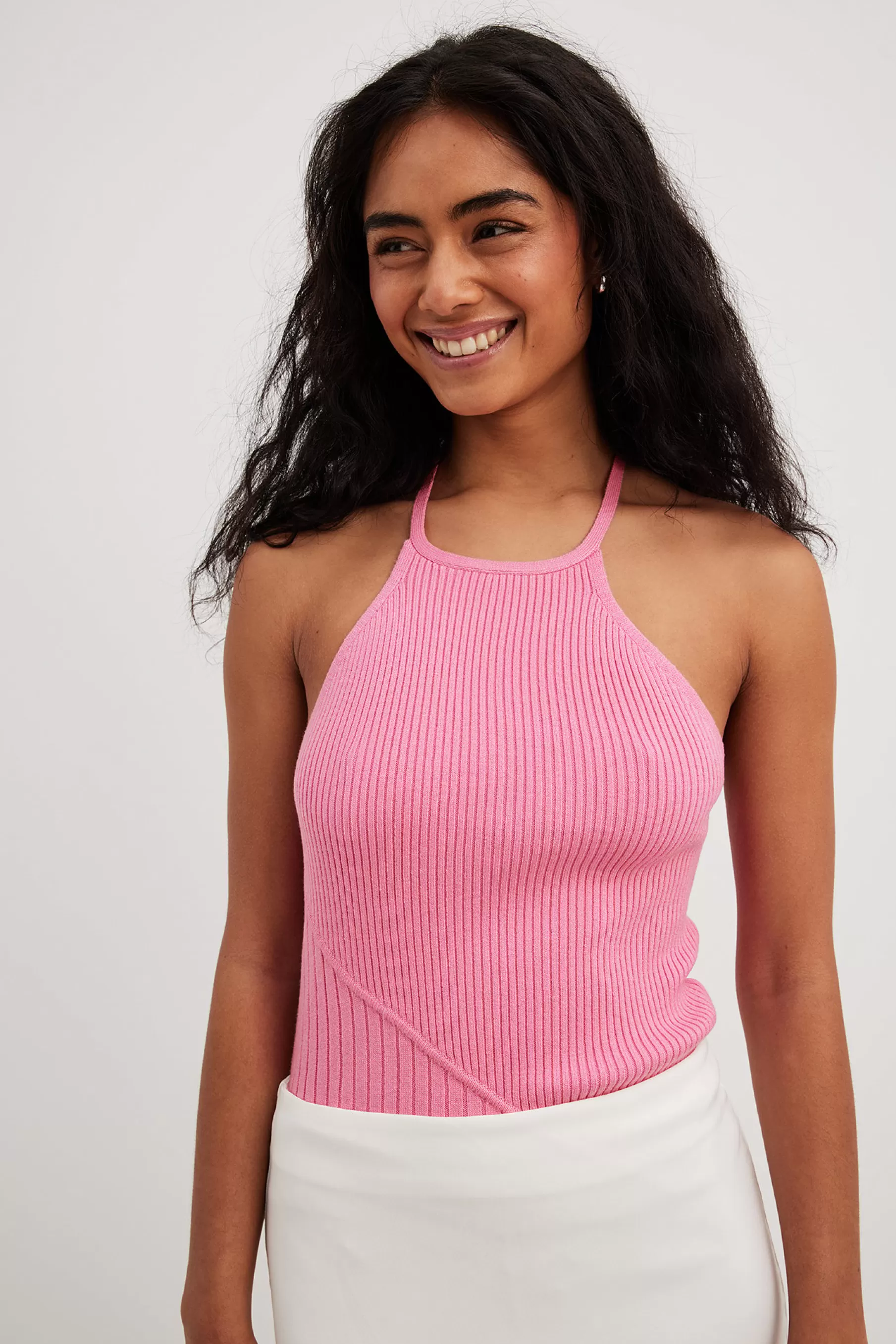 NA-KD Rib Knitted Halterneck Top Pink