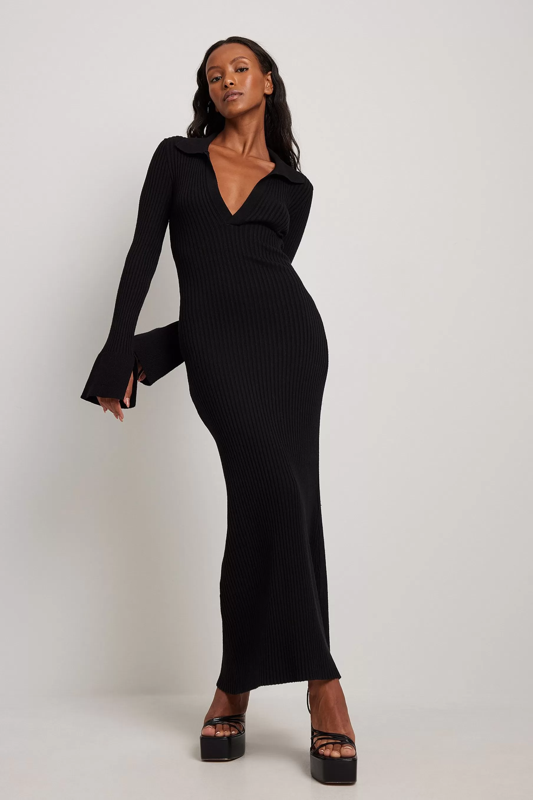 NA-KD Rib Knitted Trumpet Sleeve Dress Black