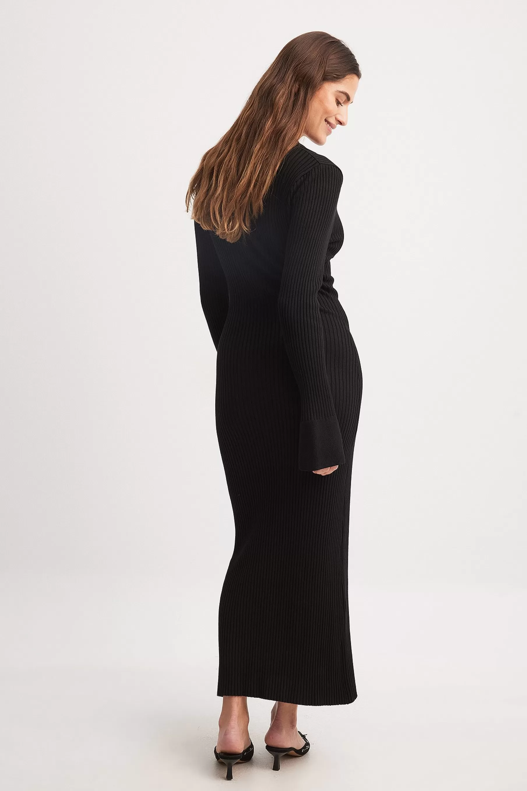 NA-KD Rib Knitted Trumpet Sleeve Dress Black