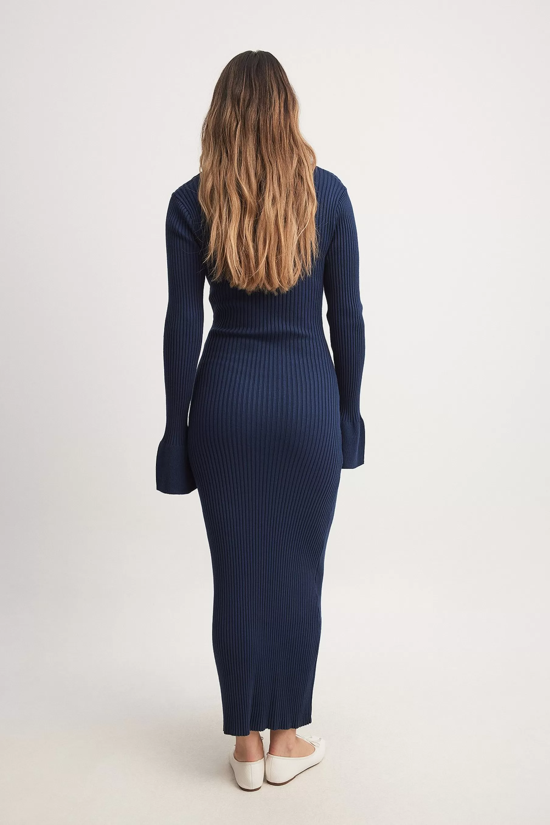 NA-KD Rib Knitted Trumpet Sleeve Dress Blue