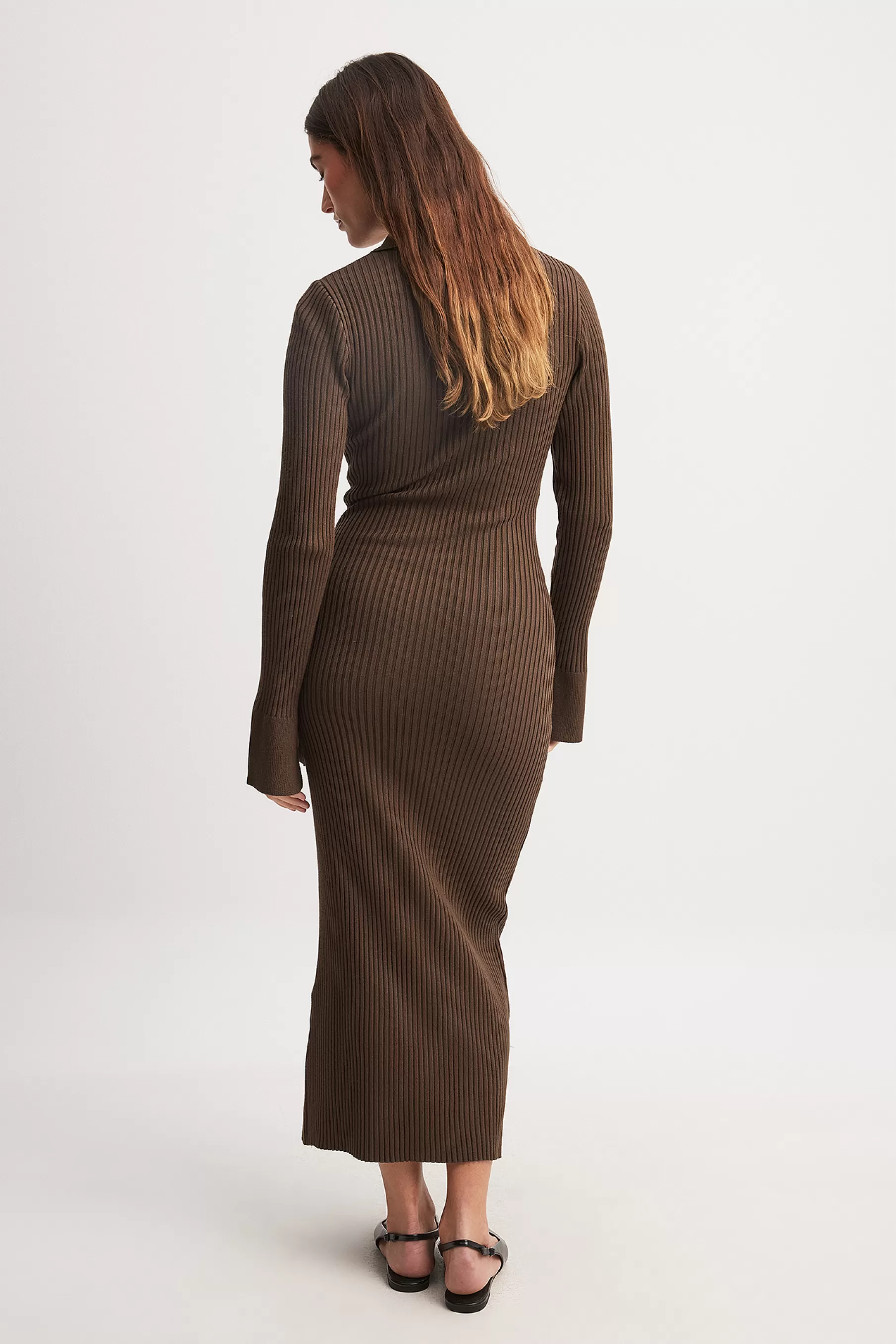 NA-KD Rib Knitted Trumpet Sleeve Dress Brown