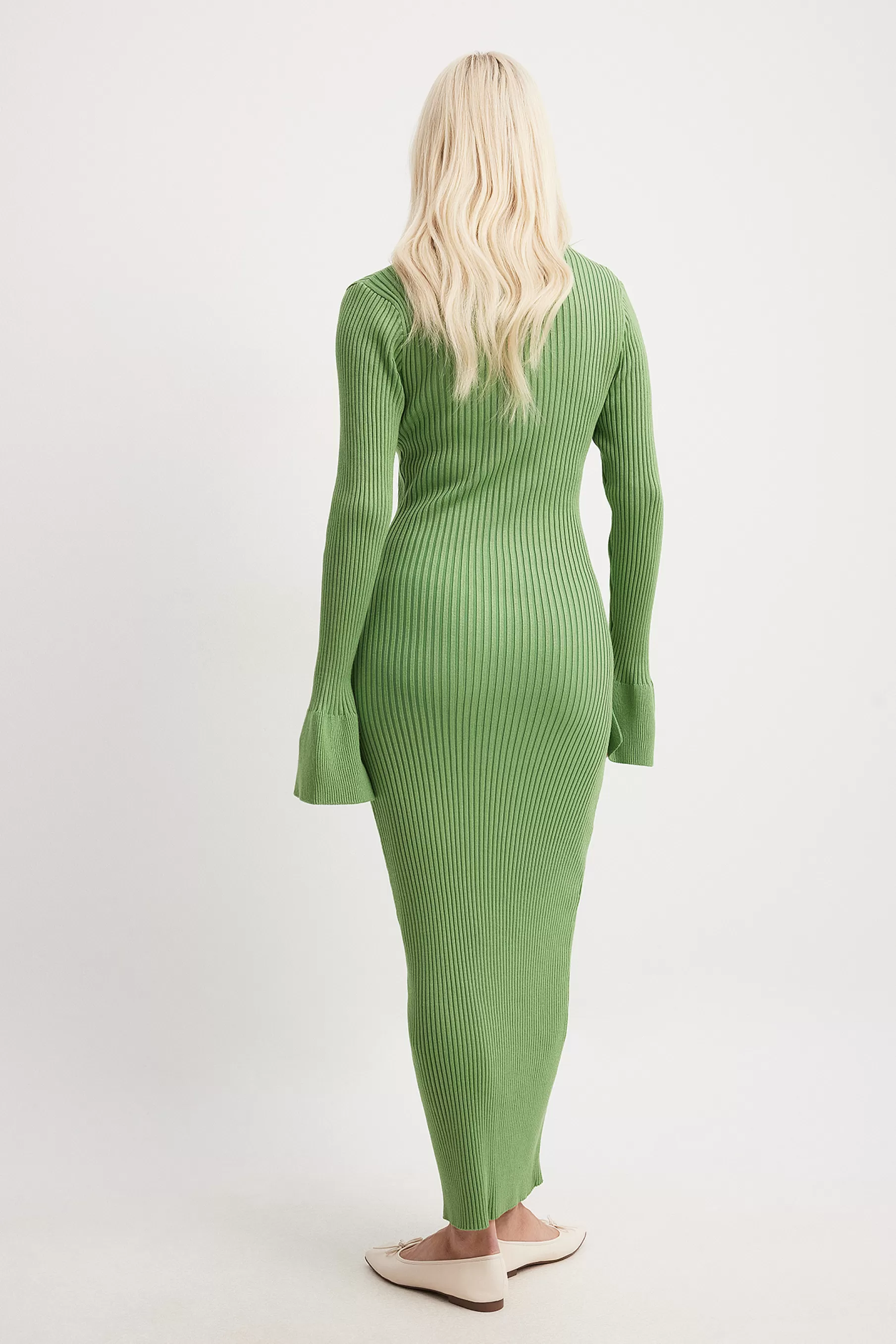 NA-KD Rib Knitted Trumpet Sleeve Dress Green