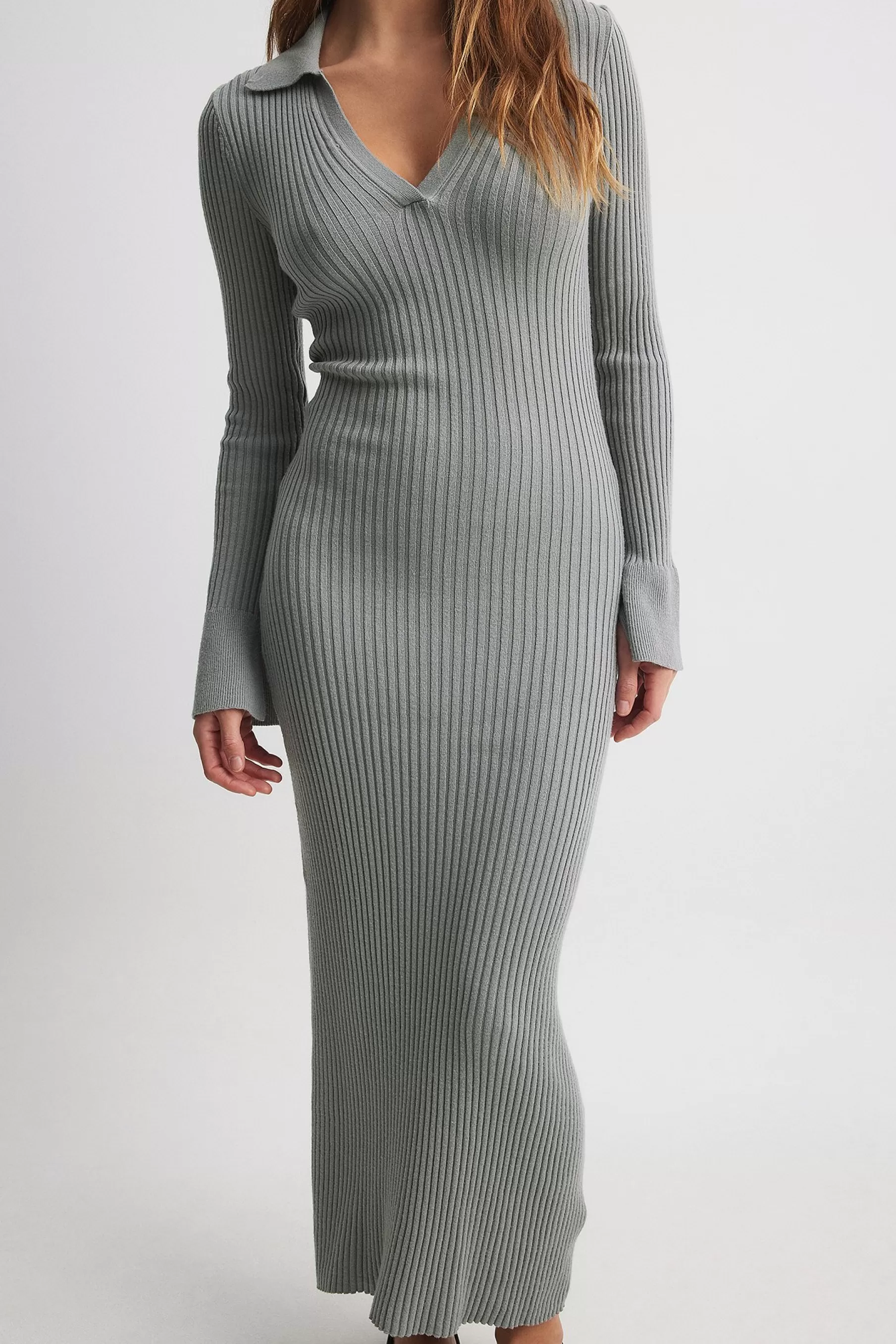 NA-KD Rib Knitted Trumpet Sleeve Dress Grey