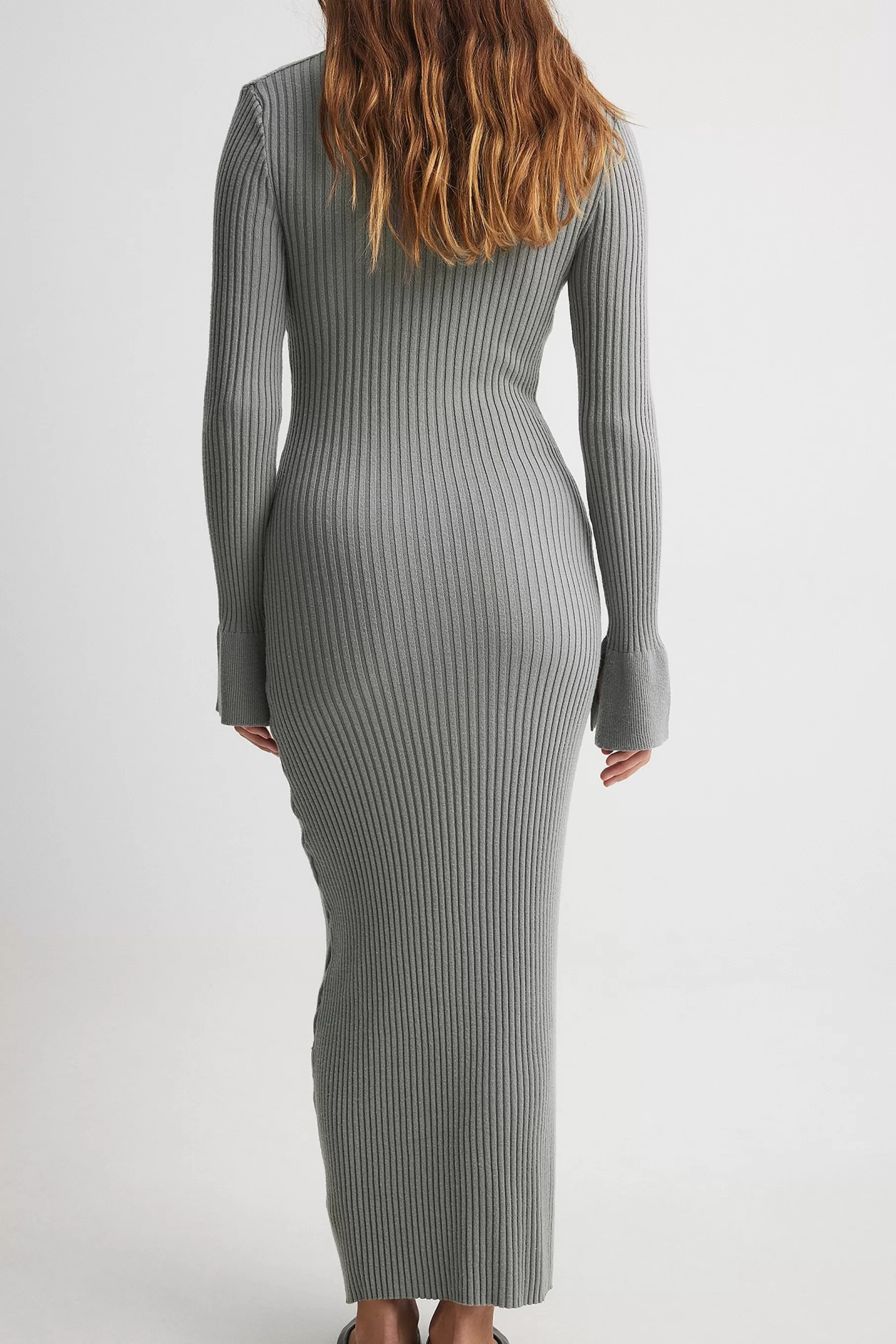 NA-KD Rib Knitted Trumpet Sleeve Dress Grey