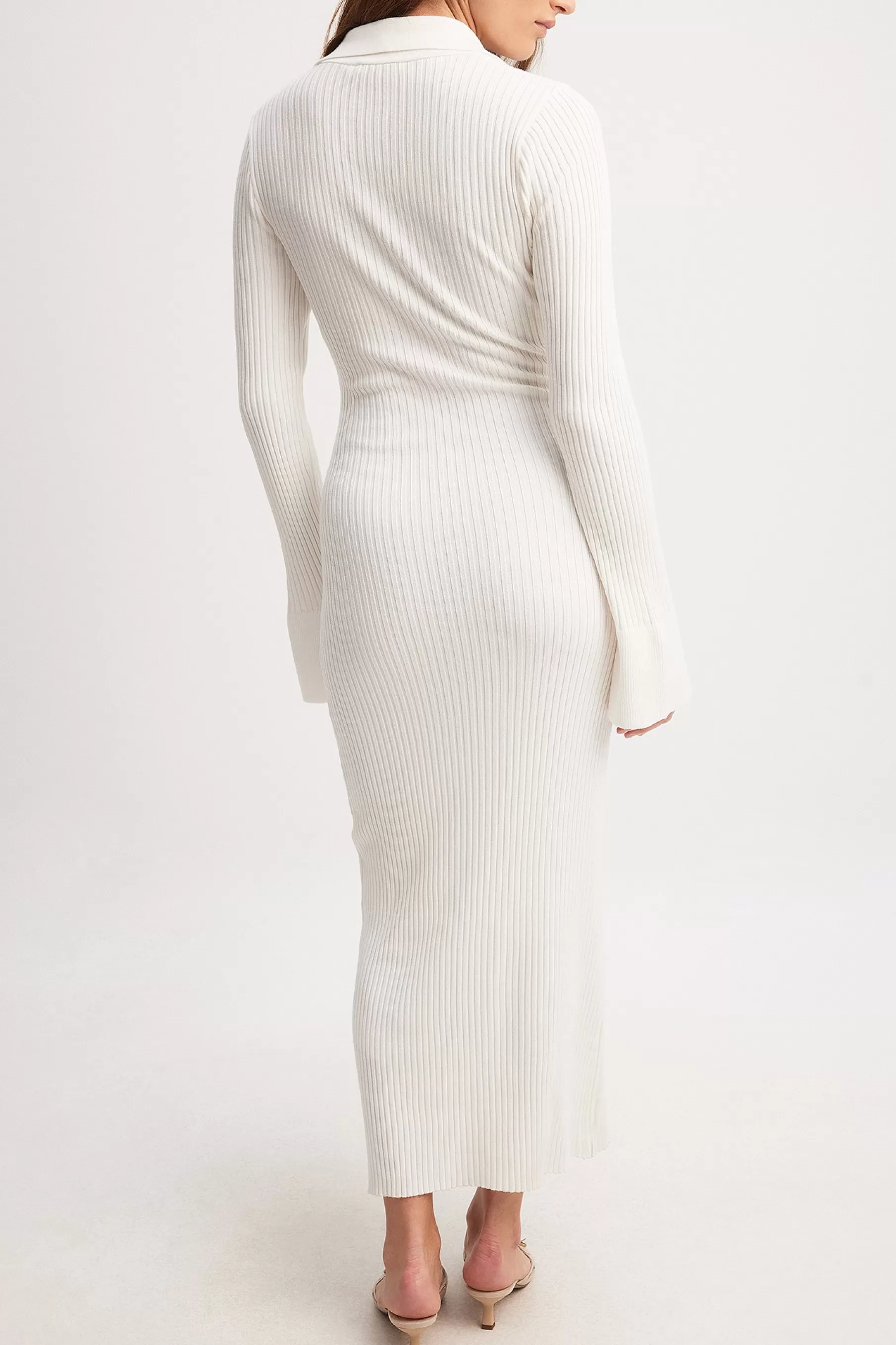 NA-KD Rib Knitted Trumpet Sleeve Dress Offwhite