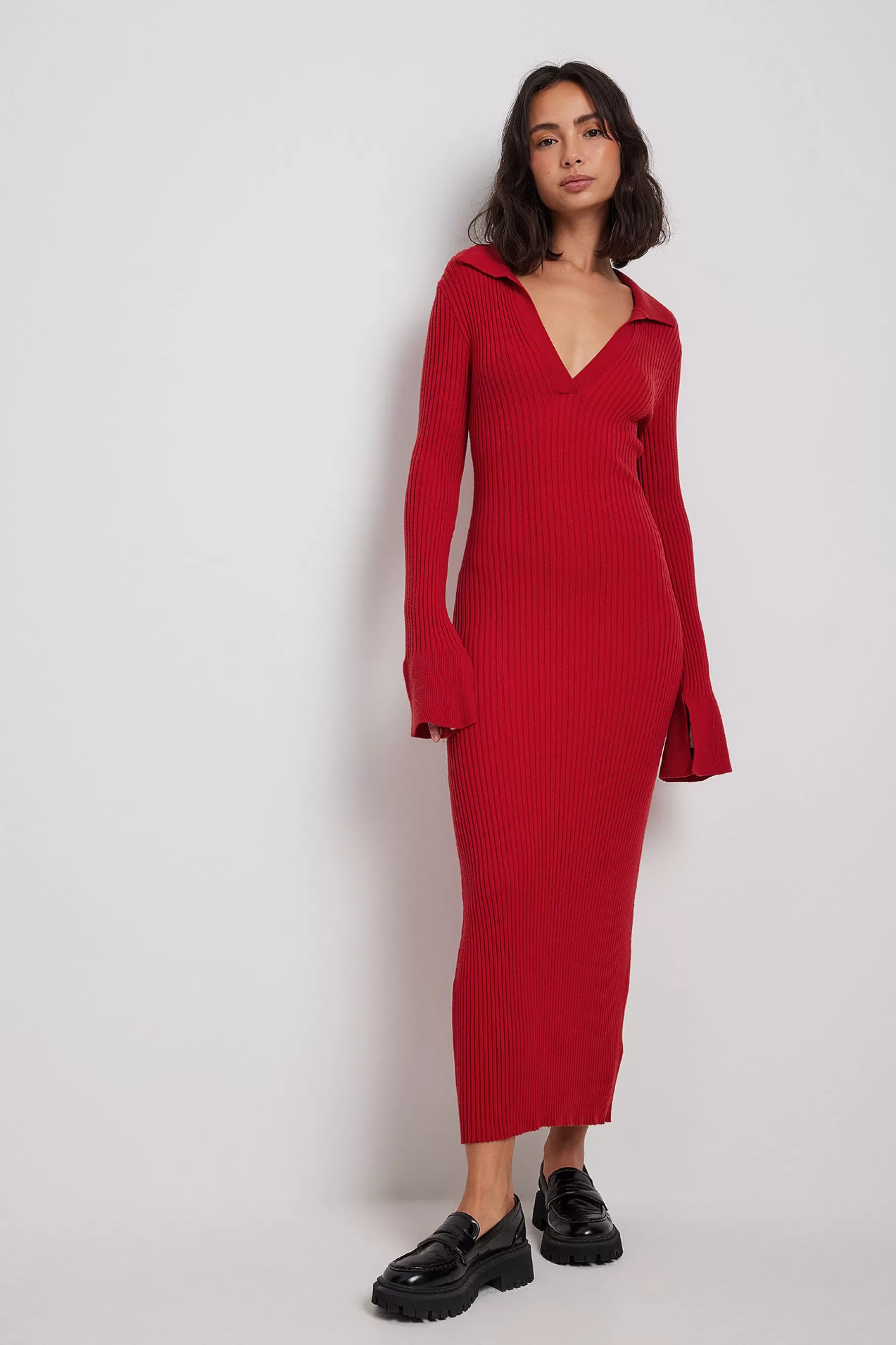 NA-KD Rib Knitted Trumpet Sleeve Dress Red