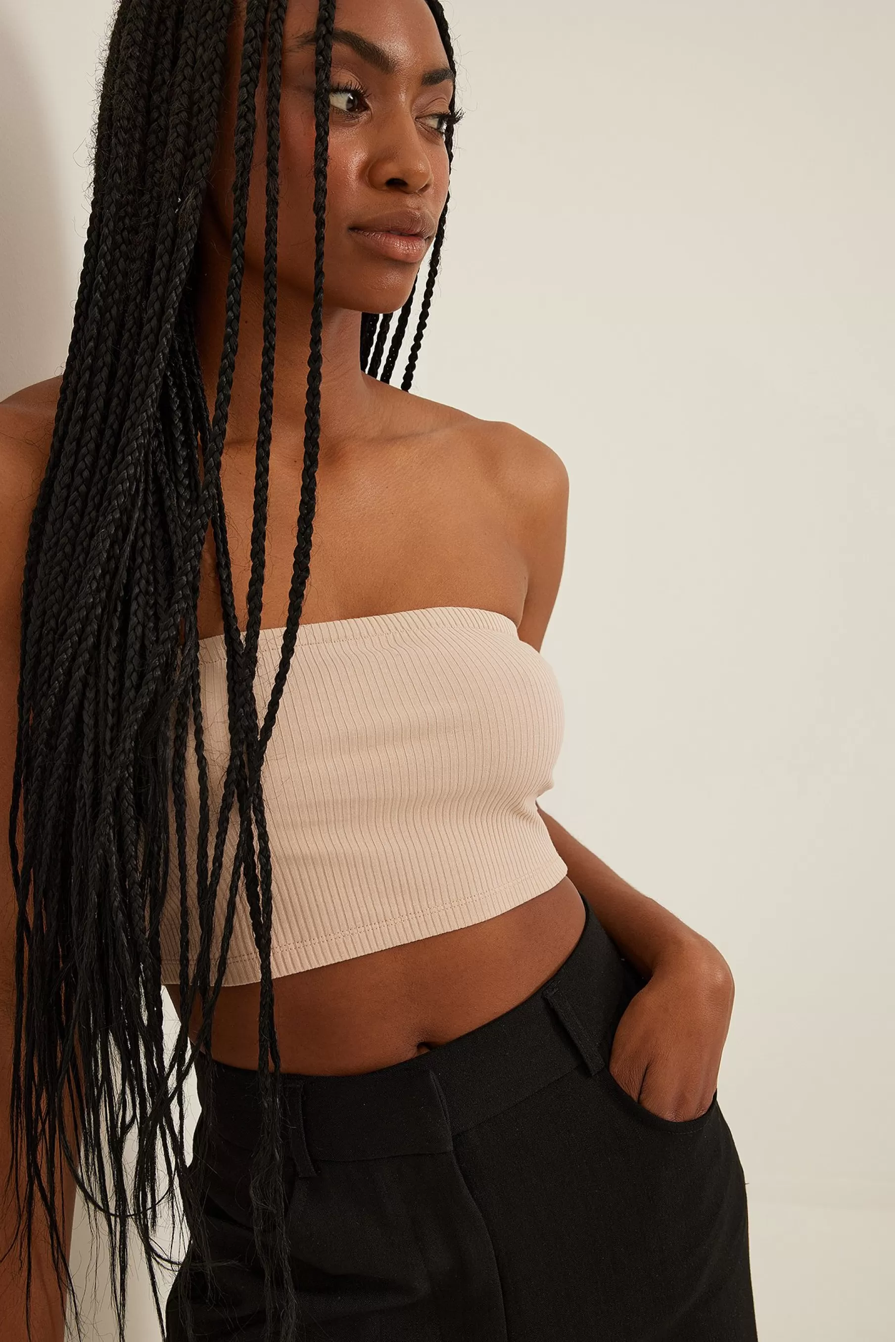 NA-KD Ribbed Cropped Tube Top Beige