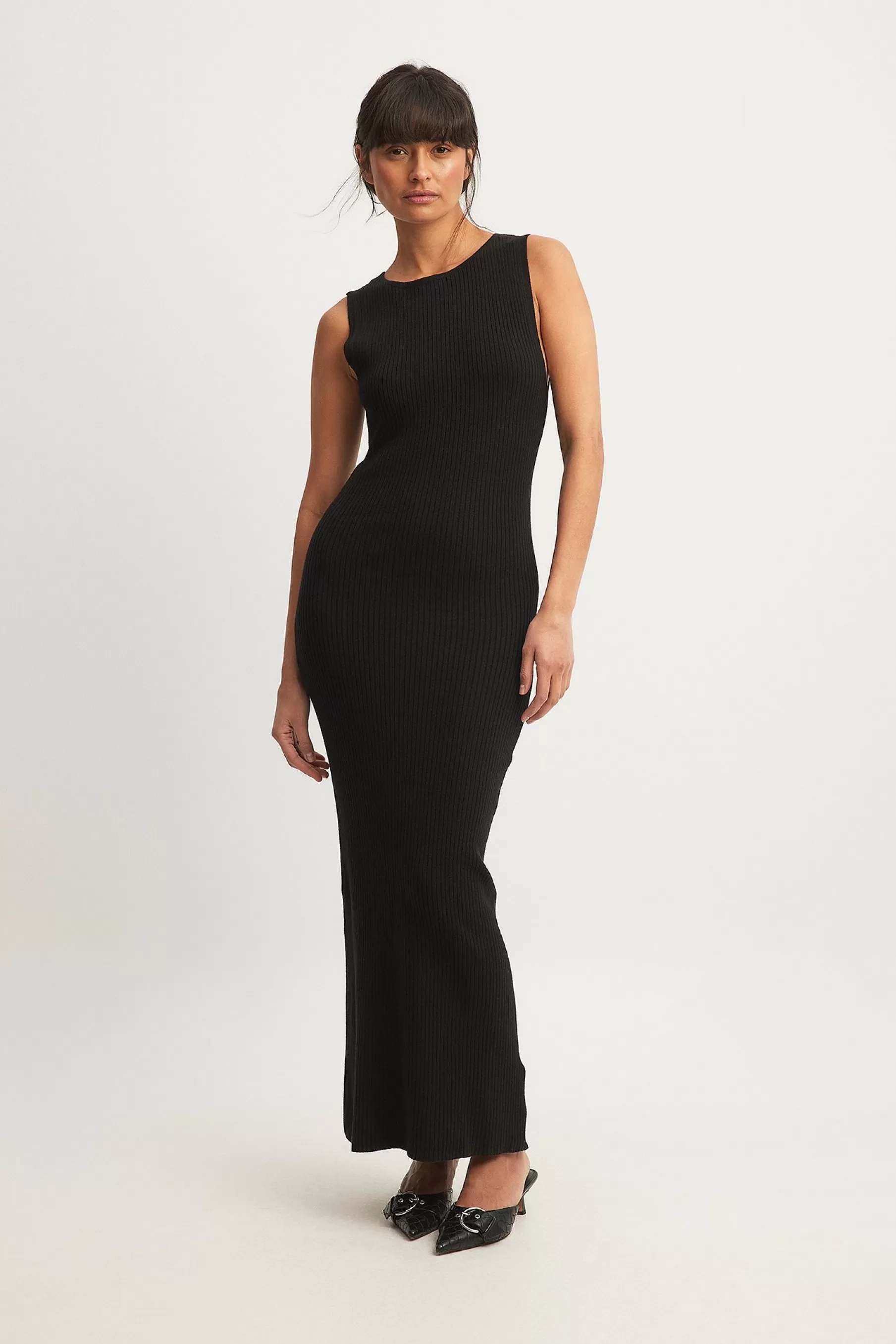 NA-KD Ribbed Fine Knitted Maxi Dress Black