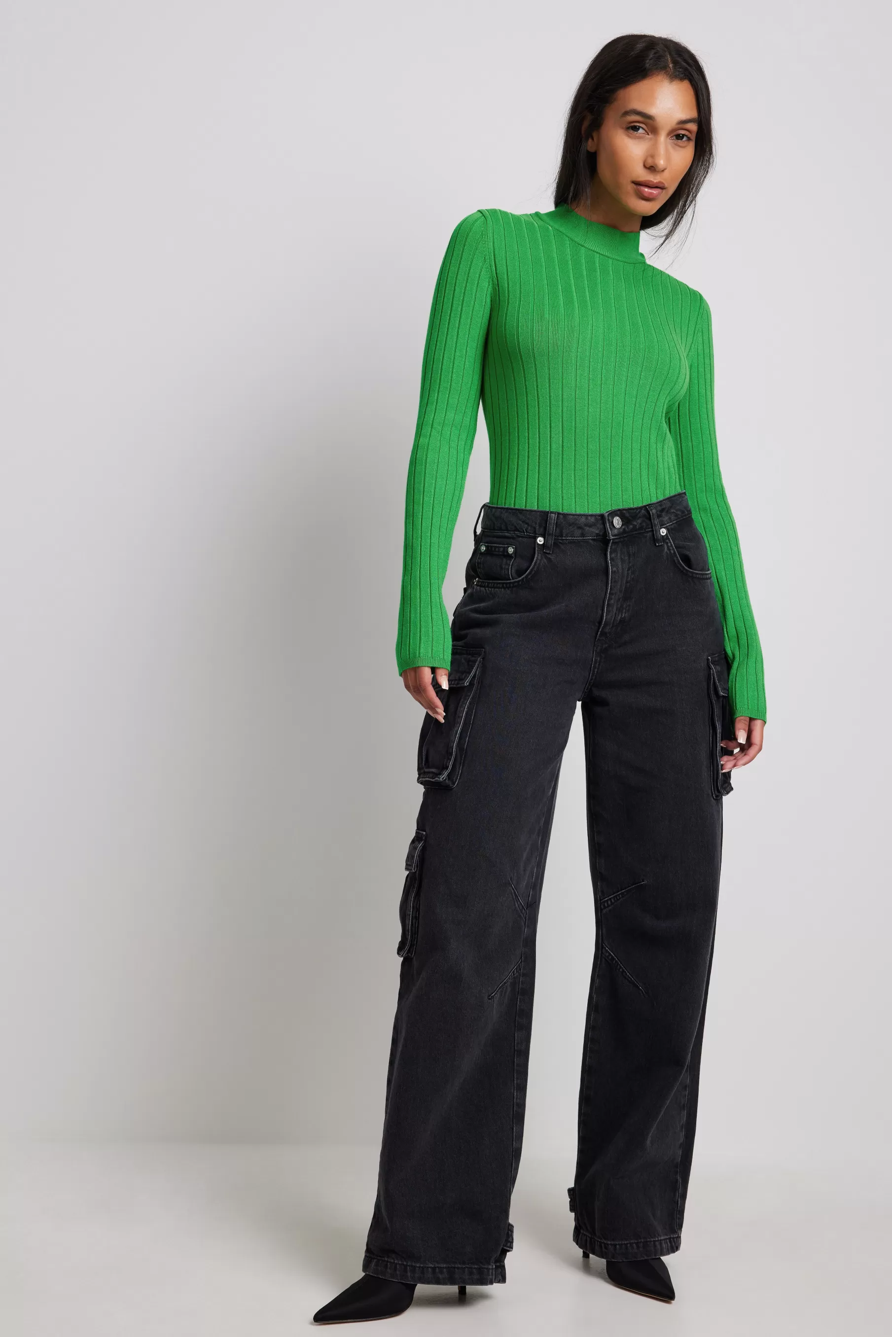 NA-KD Ribbed High Neck Knitted Sweater Green