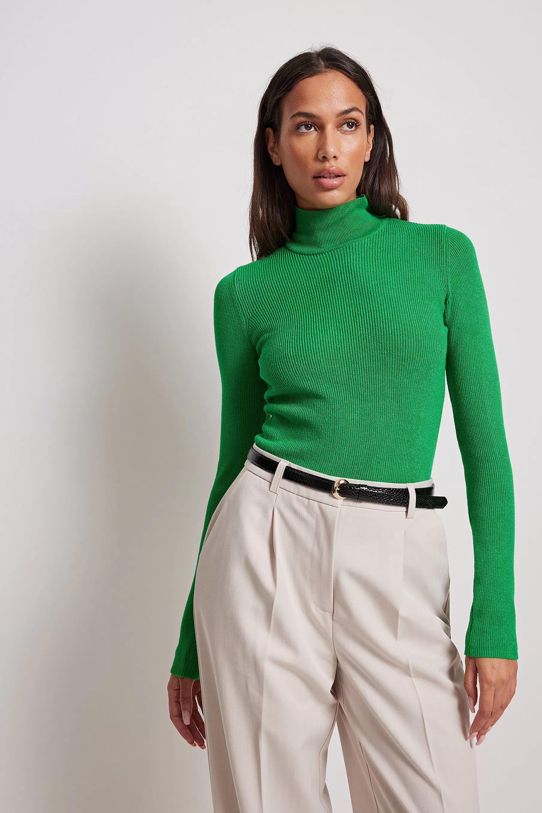 NA-KD Ribbed High Neck Knitted Sweater Green