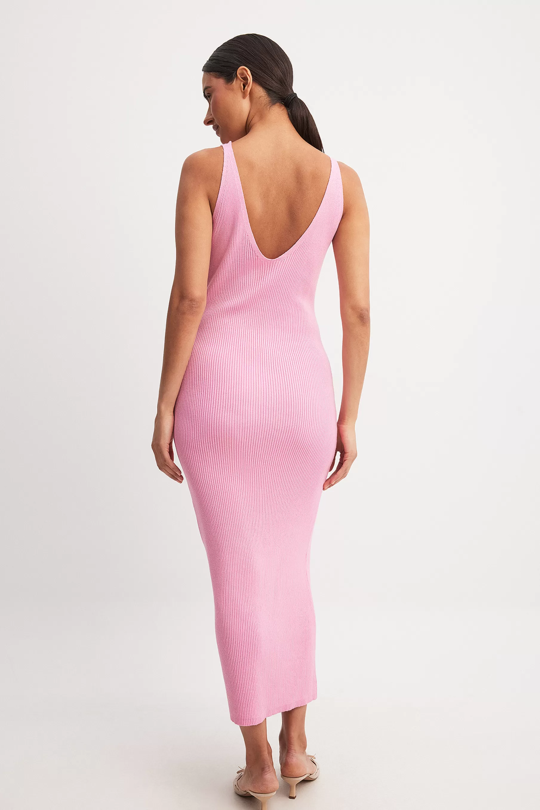 NA-KD Ribbed Knitted Deep Back Dress Pink