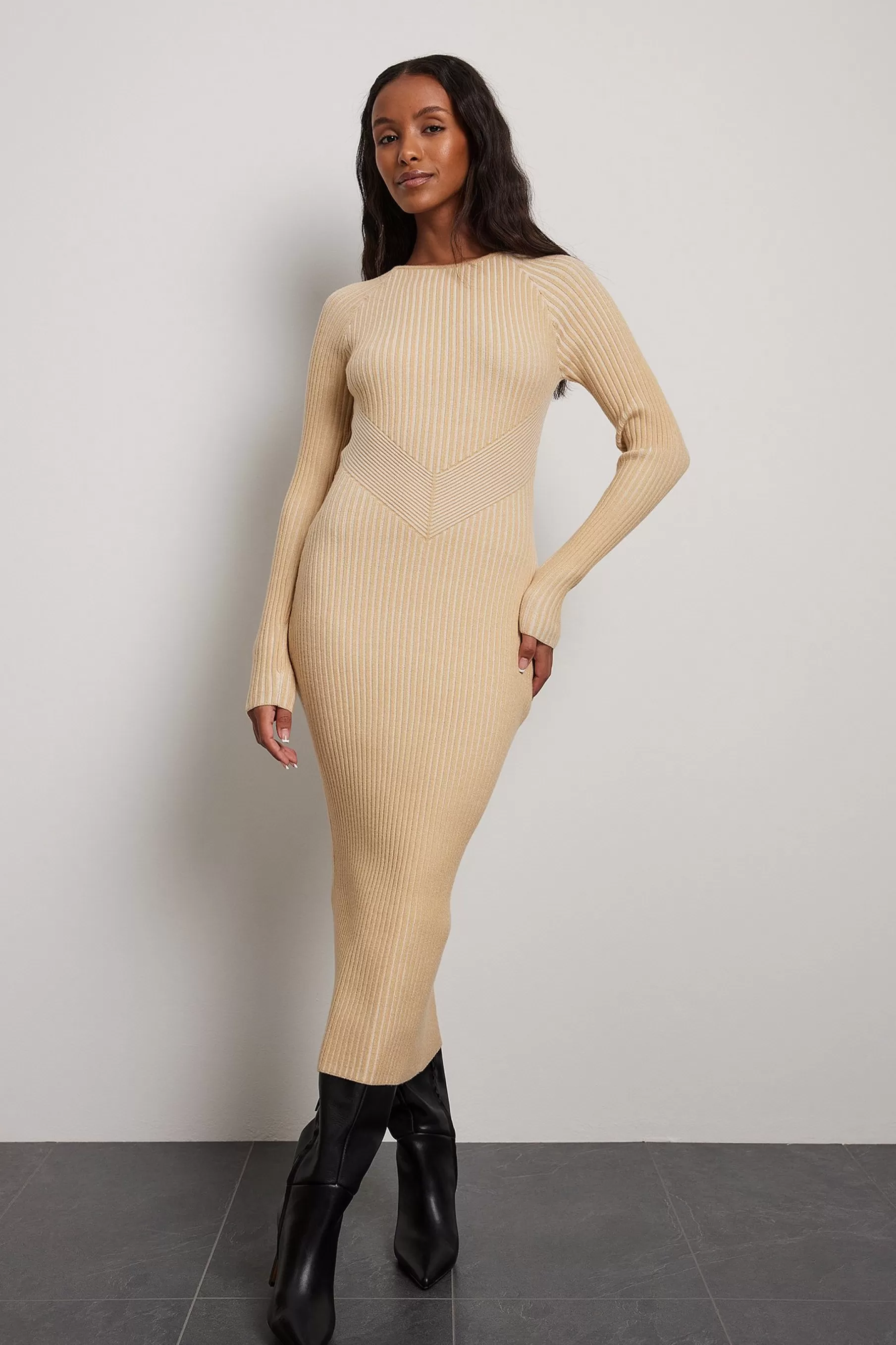 NA-KD Ribbed Knitted Detail Midi Dress Beige