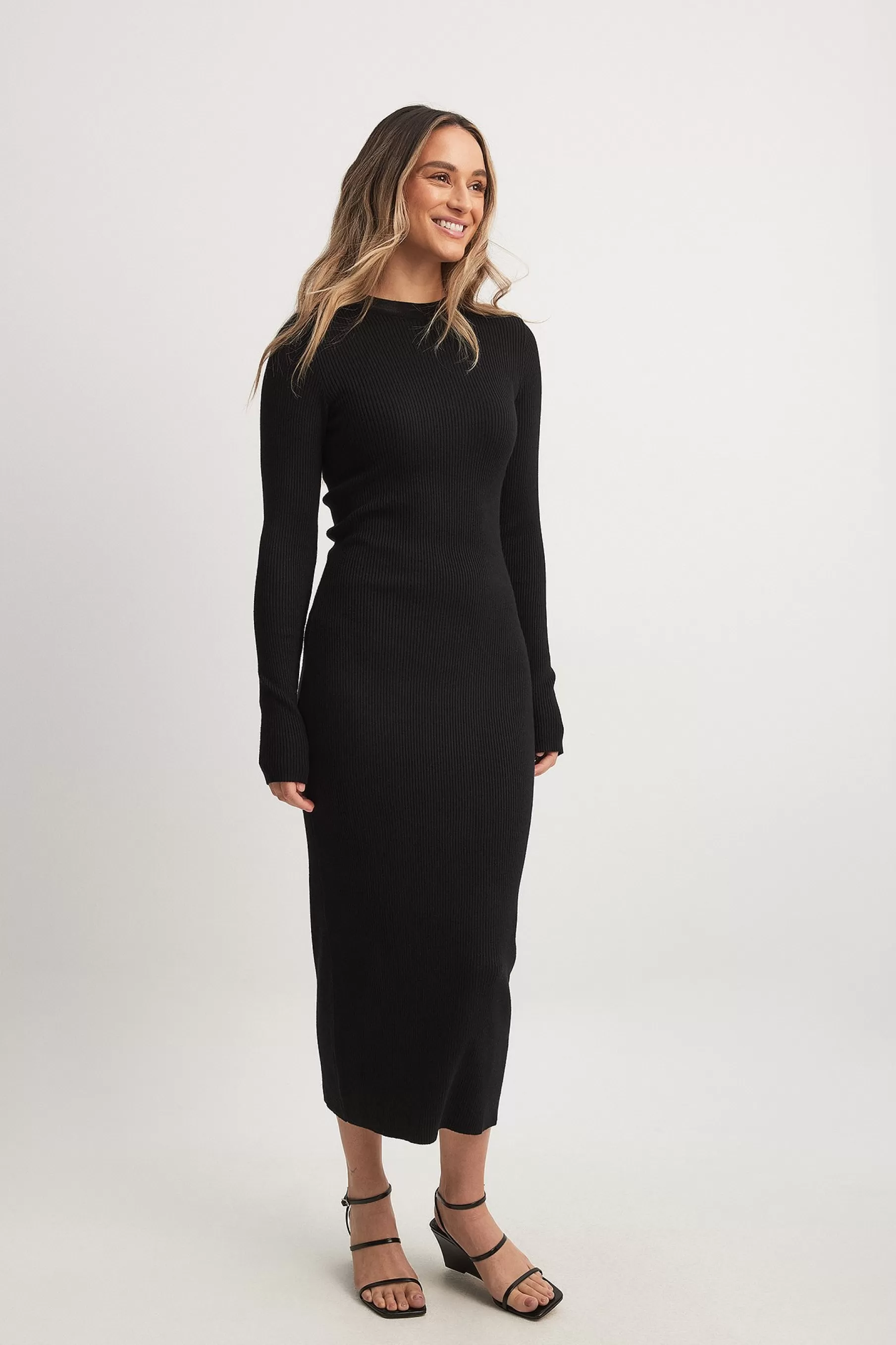 NA-KD Ribbed Knitted Midi Dress Black