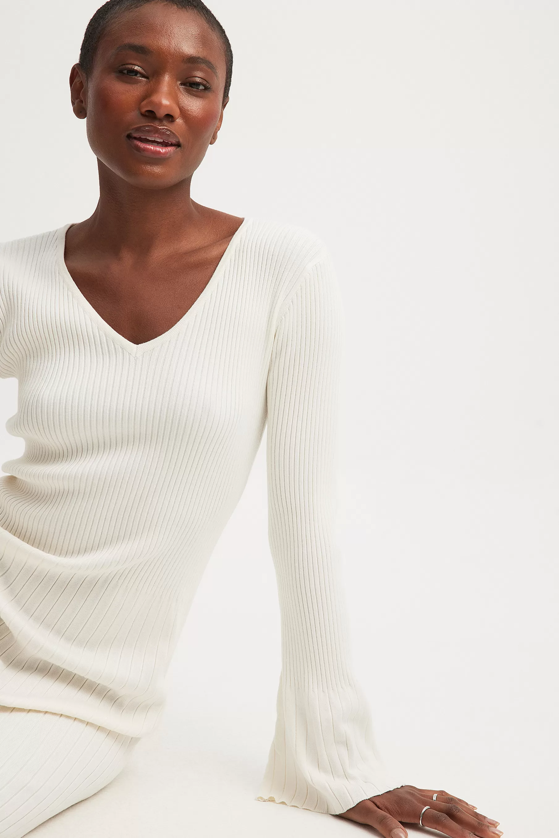 NA-KD Ribbed Knitted Midi Dress Offwhite