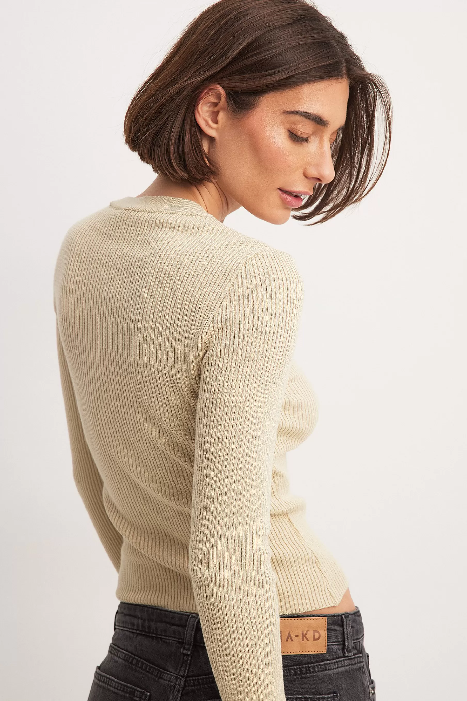 NA-KD Ribbed Knitted Round Neck Sweater Beige