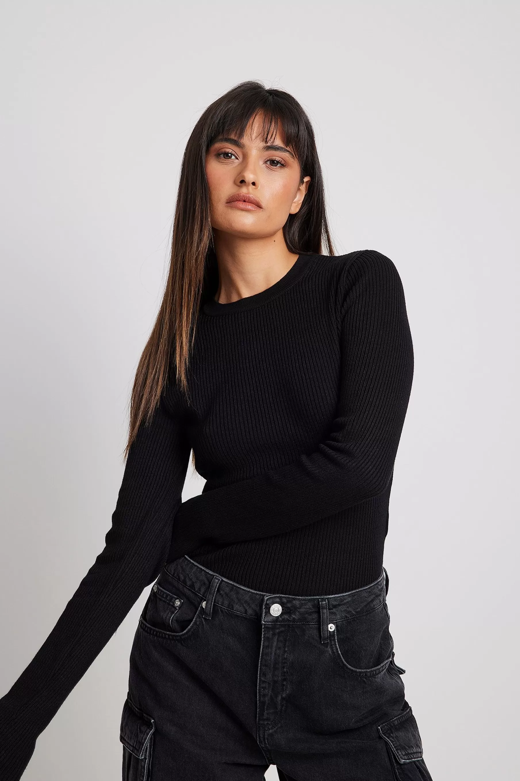 NA-KD Ribbed Knitted Round Neck Sweater Black