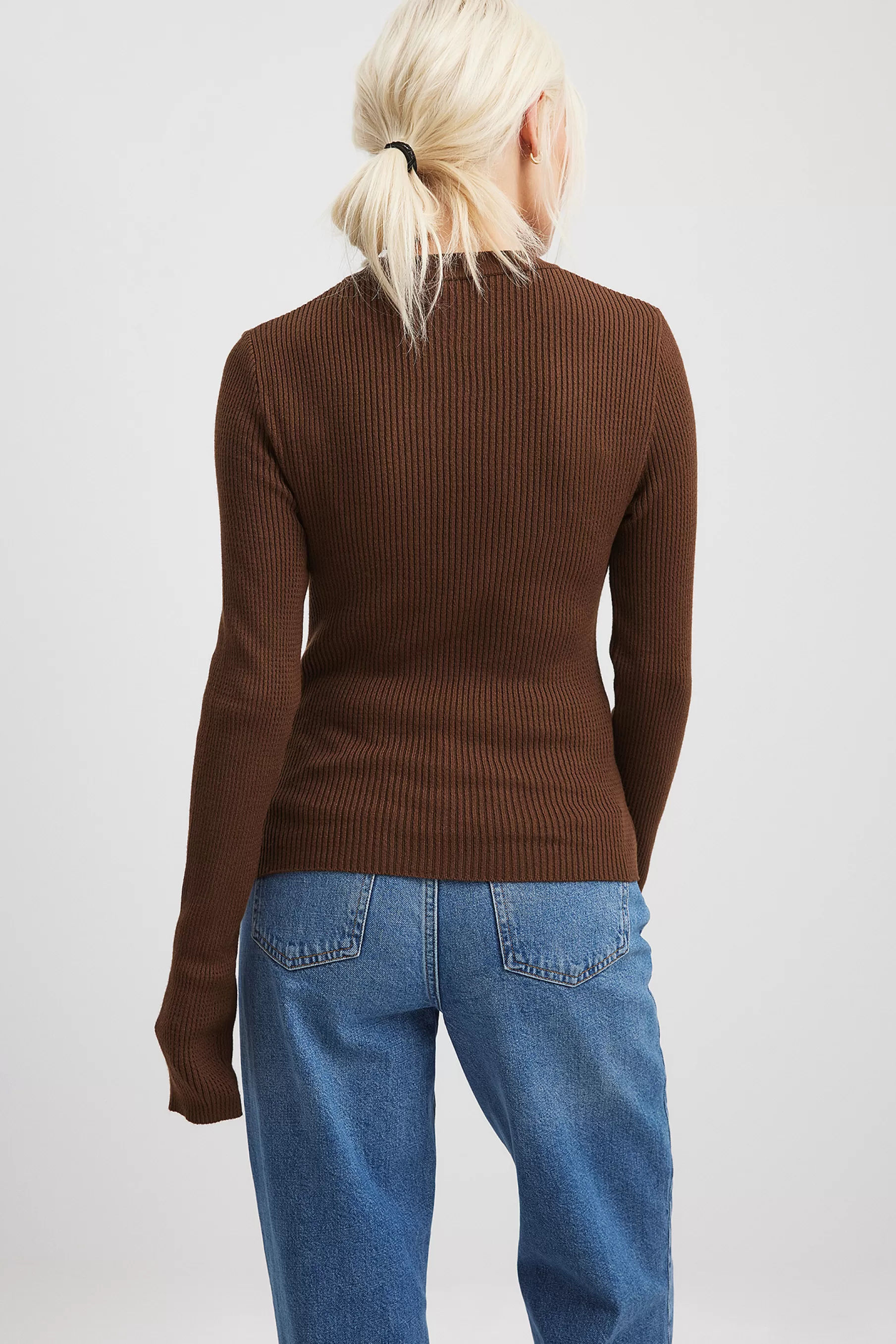 NA-KD Ribbed Knitted Round Neck Sweater Brown