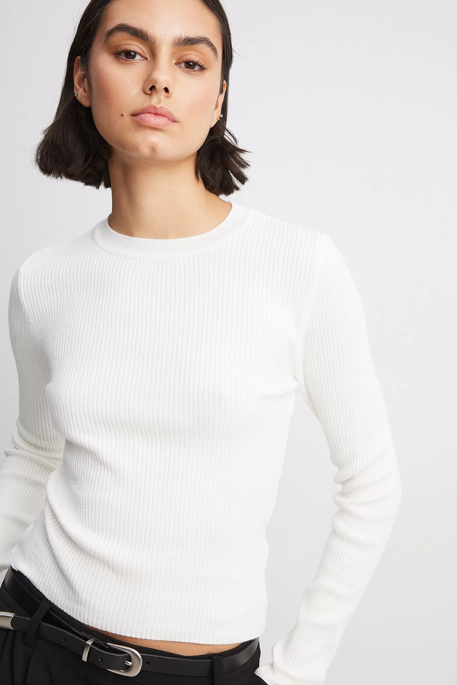 NA-KD Ribbed Knitted Round Neck Sweater White