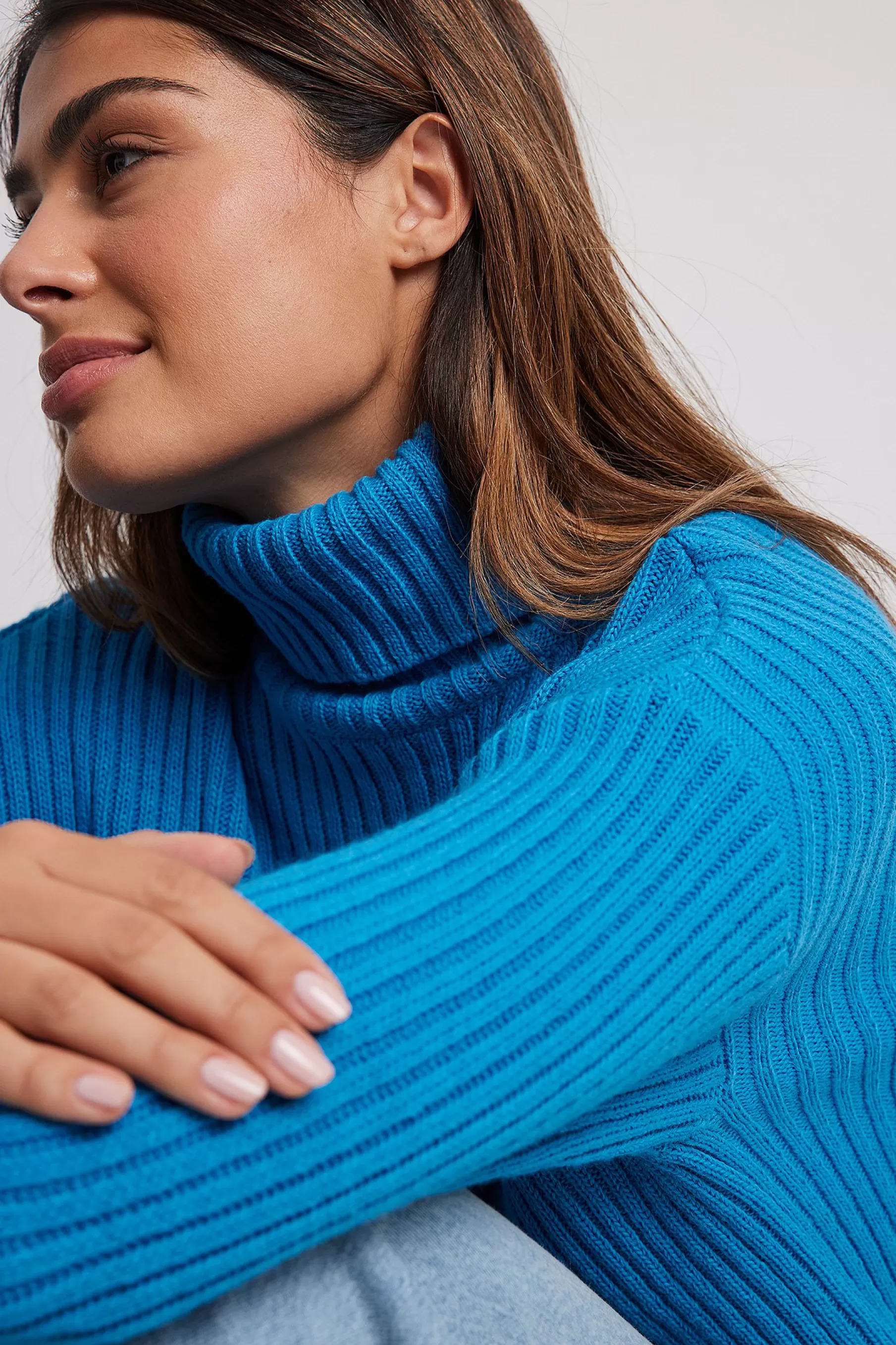 NA-KD Ribbed Knitted Turtleneck Side Slit Sweater Blue