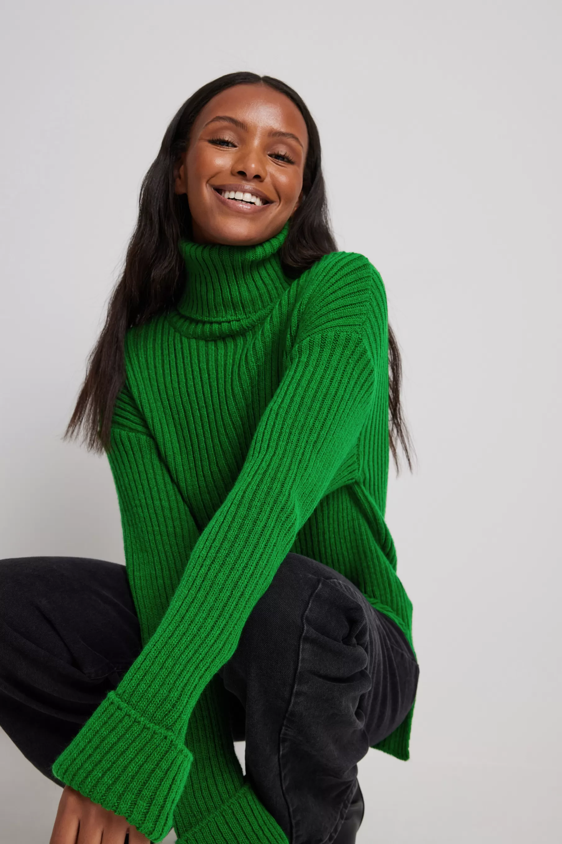 NA-KD Ribbed Knitted Turtleneck Side Slit Sweater Green