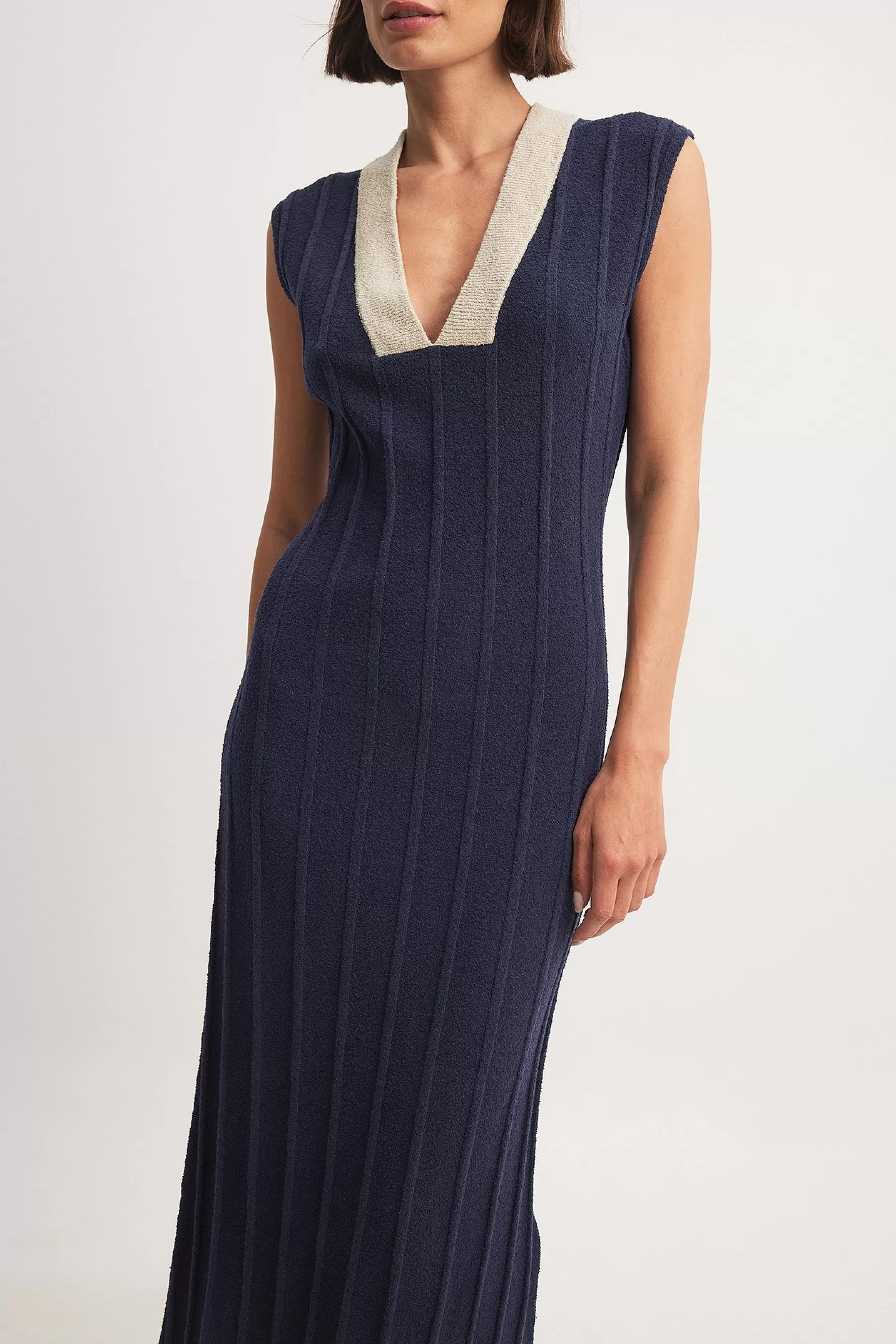 NA-KD Ribbed Knitted V-neck Midi Dress Blue