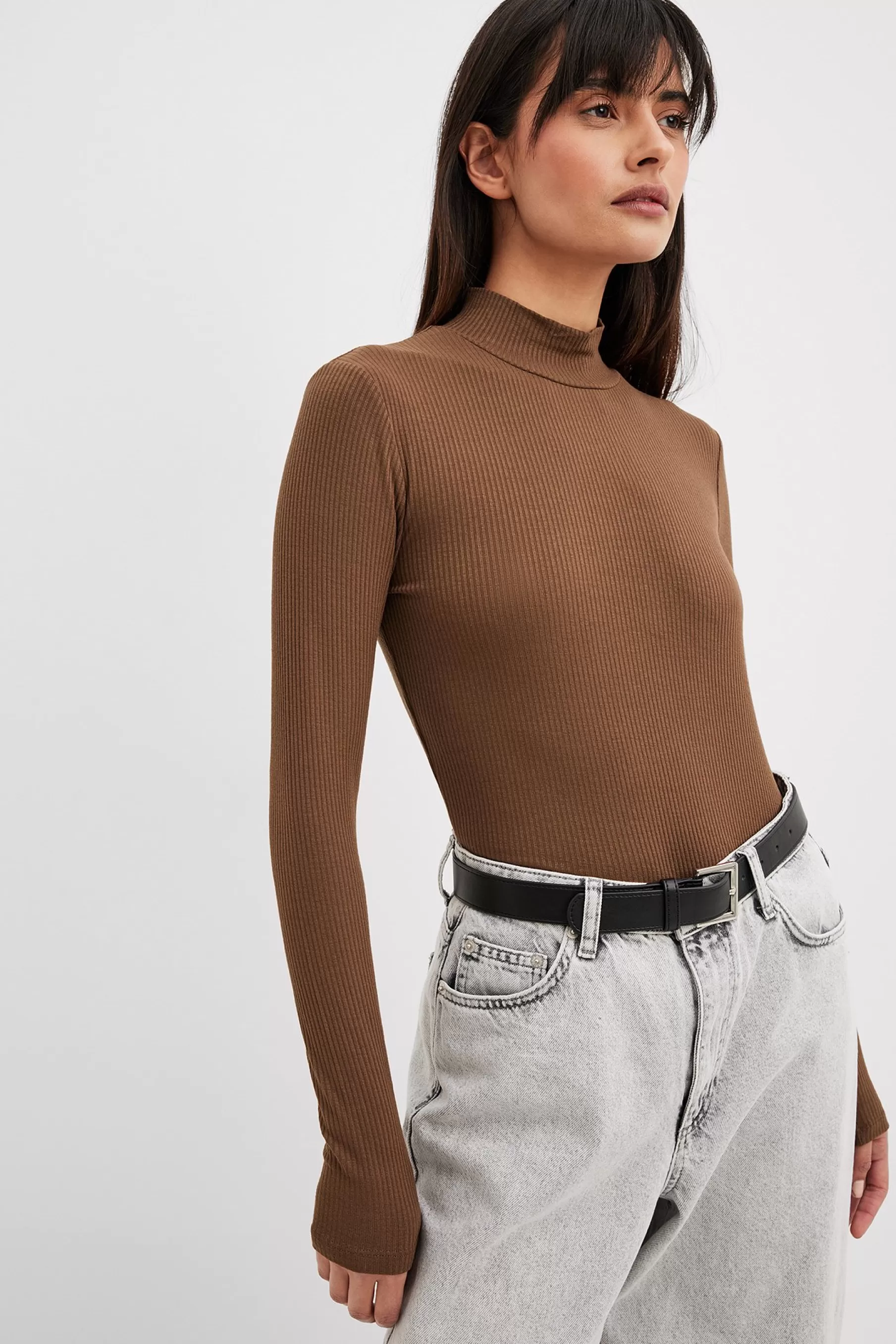 NA-KD Ribbed Long Sleeved Turtle Neck Top Brown