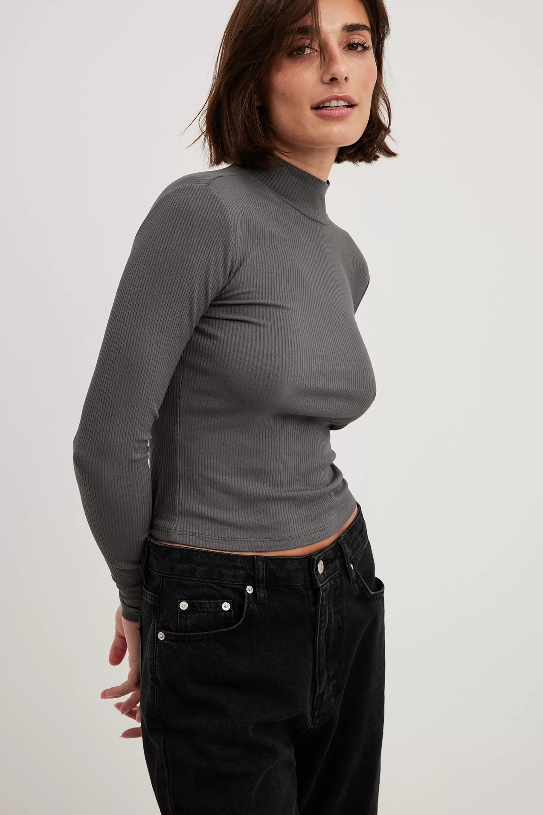 NA-KD Ribbed Long Sleeved Turtle Neck Top Grey