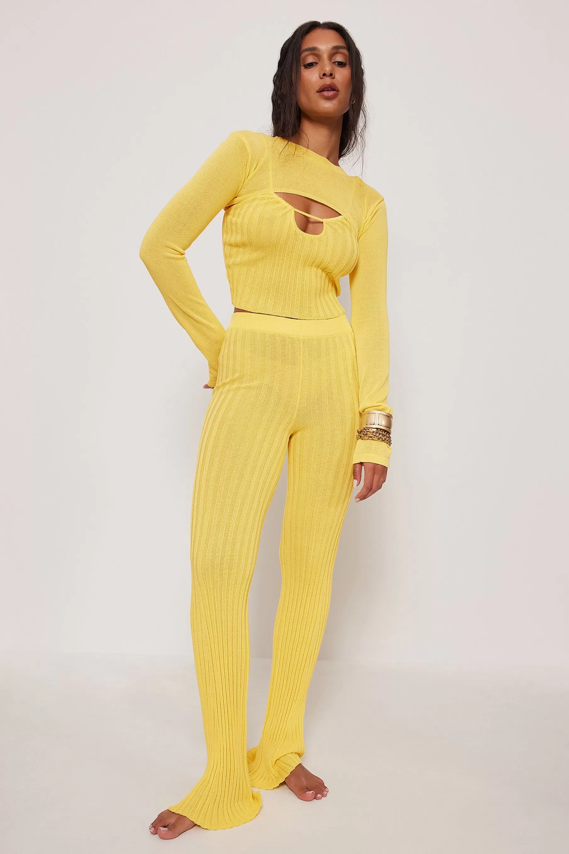 NA-KD Ribbed Long Trousers Yellow