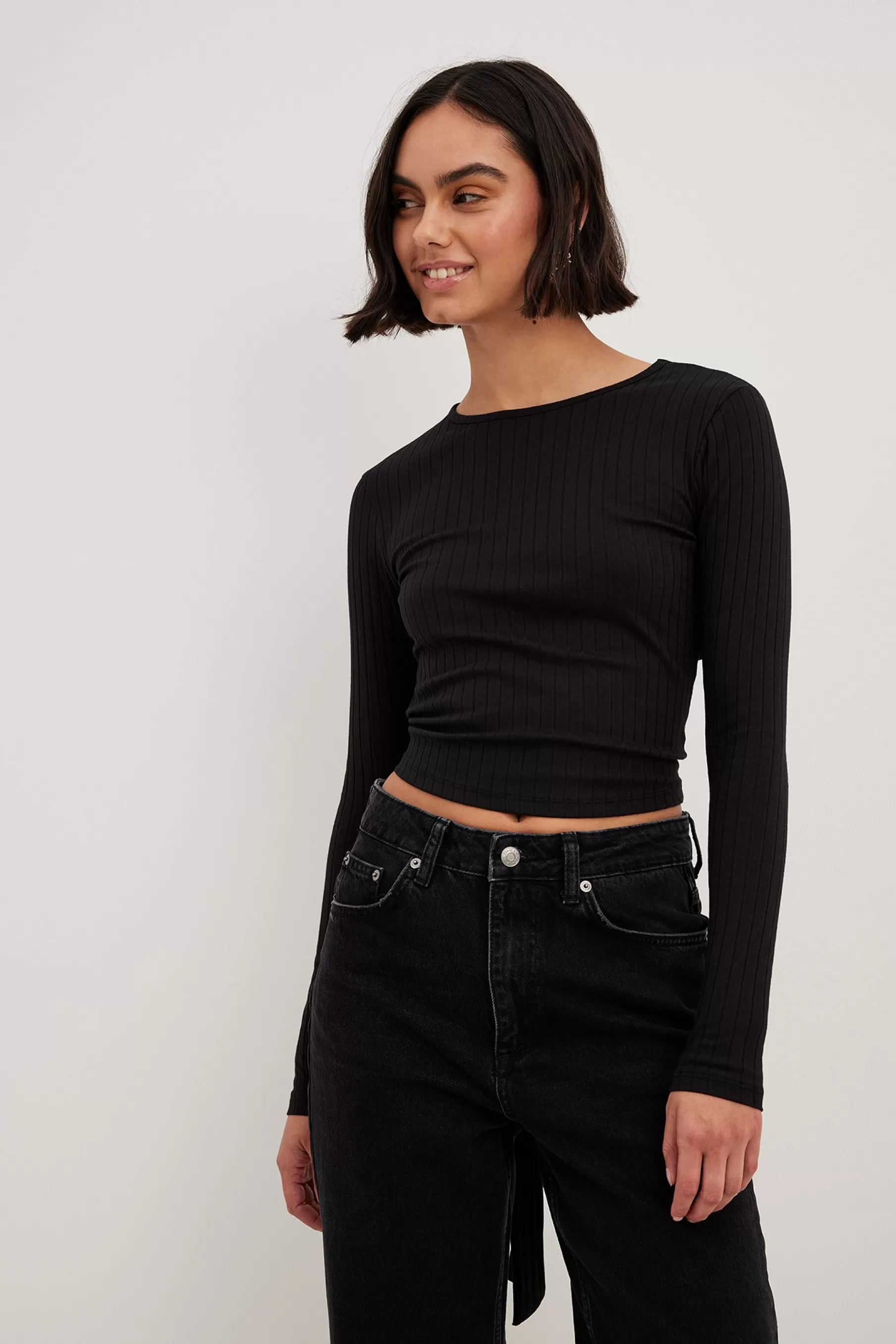 NA-KD Ribbed Open Back Top Black