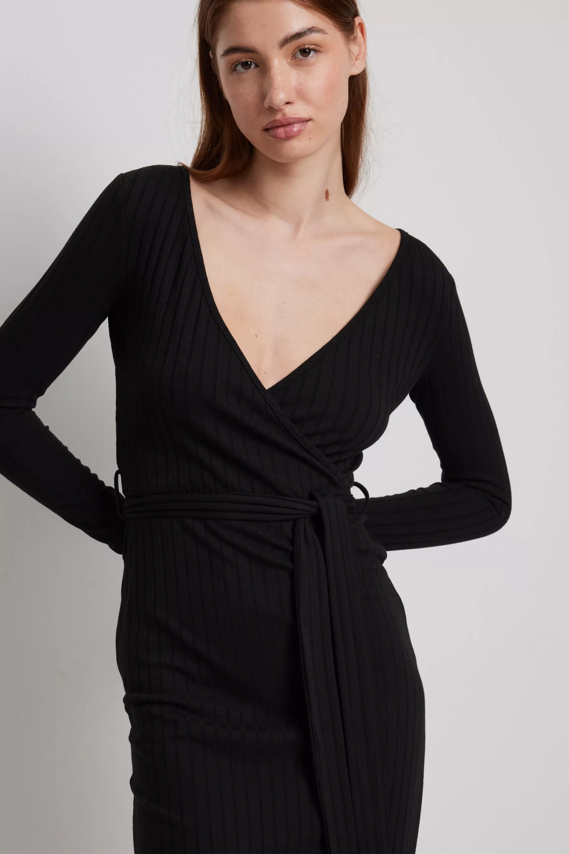 NA-KD Ribbed Wrap Belted Midi Dress Black