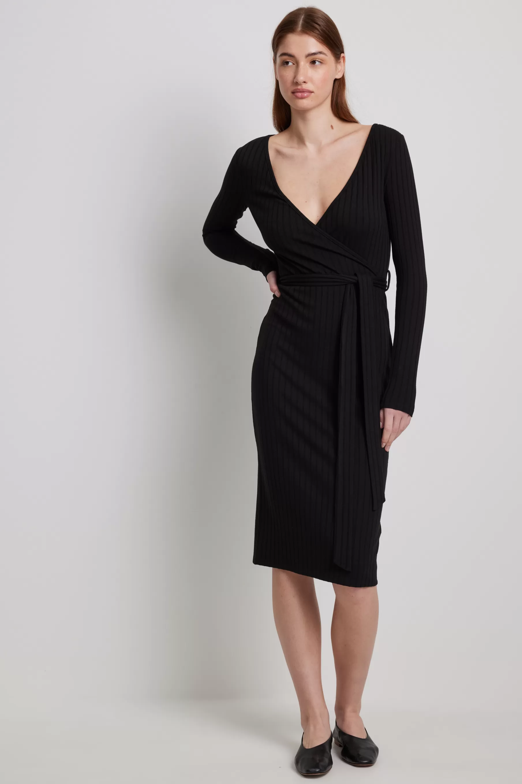 NA-KD Ribbed Wrap Belted Midi Dress Black