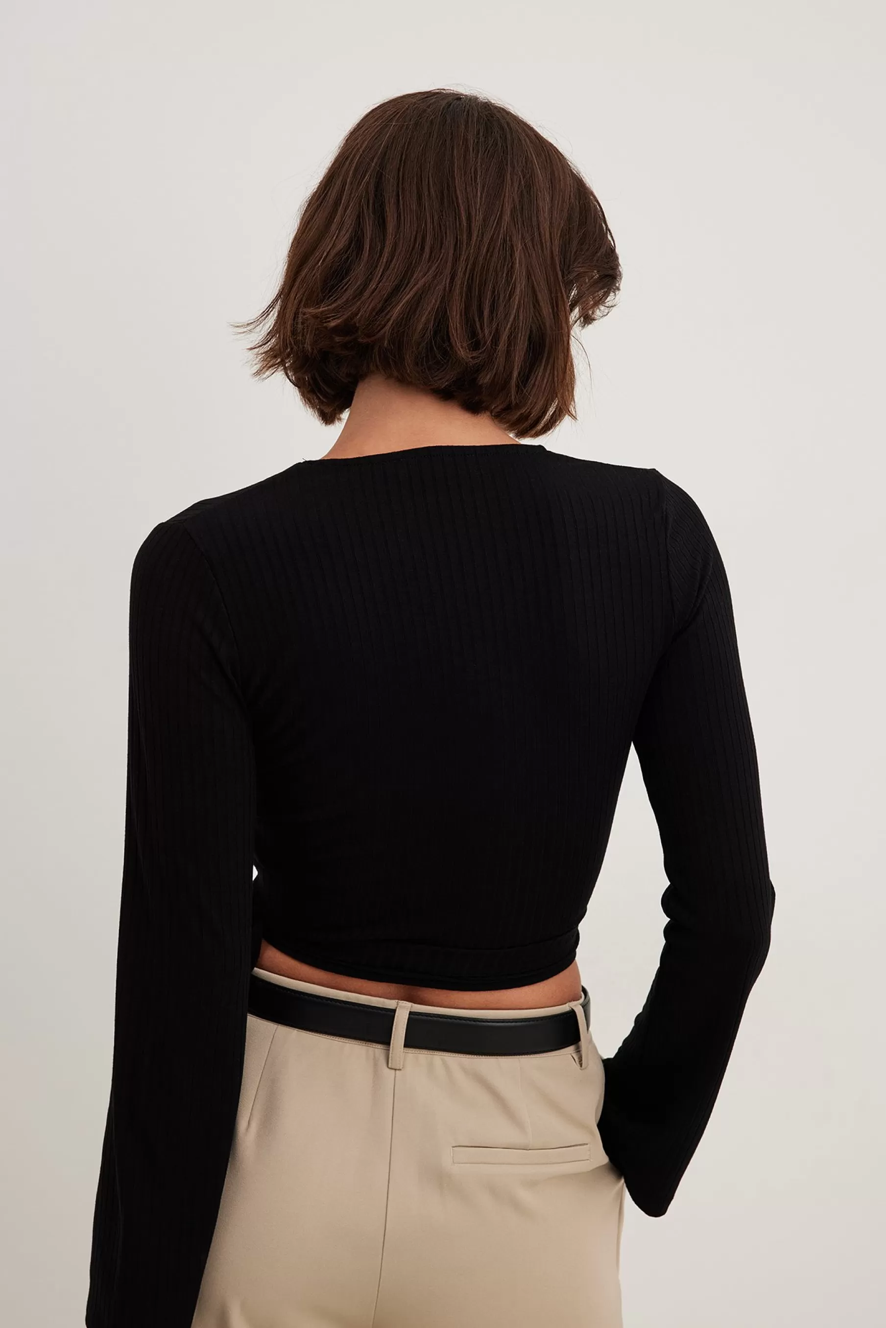 NA-KD Ribbed Wrap Tie Top Black