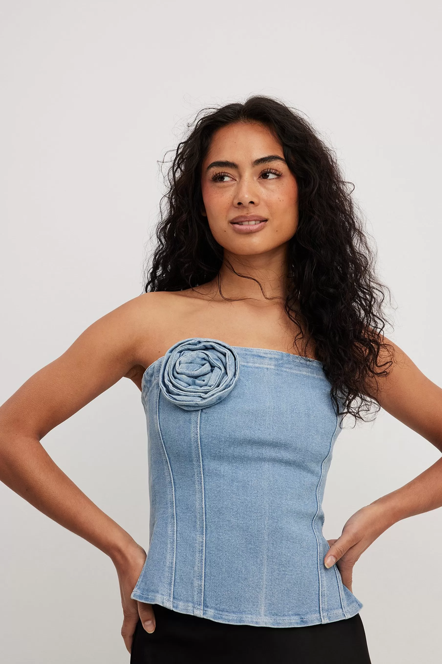 NA-KD Rose Detail Denim Top Blue