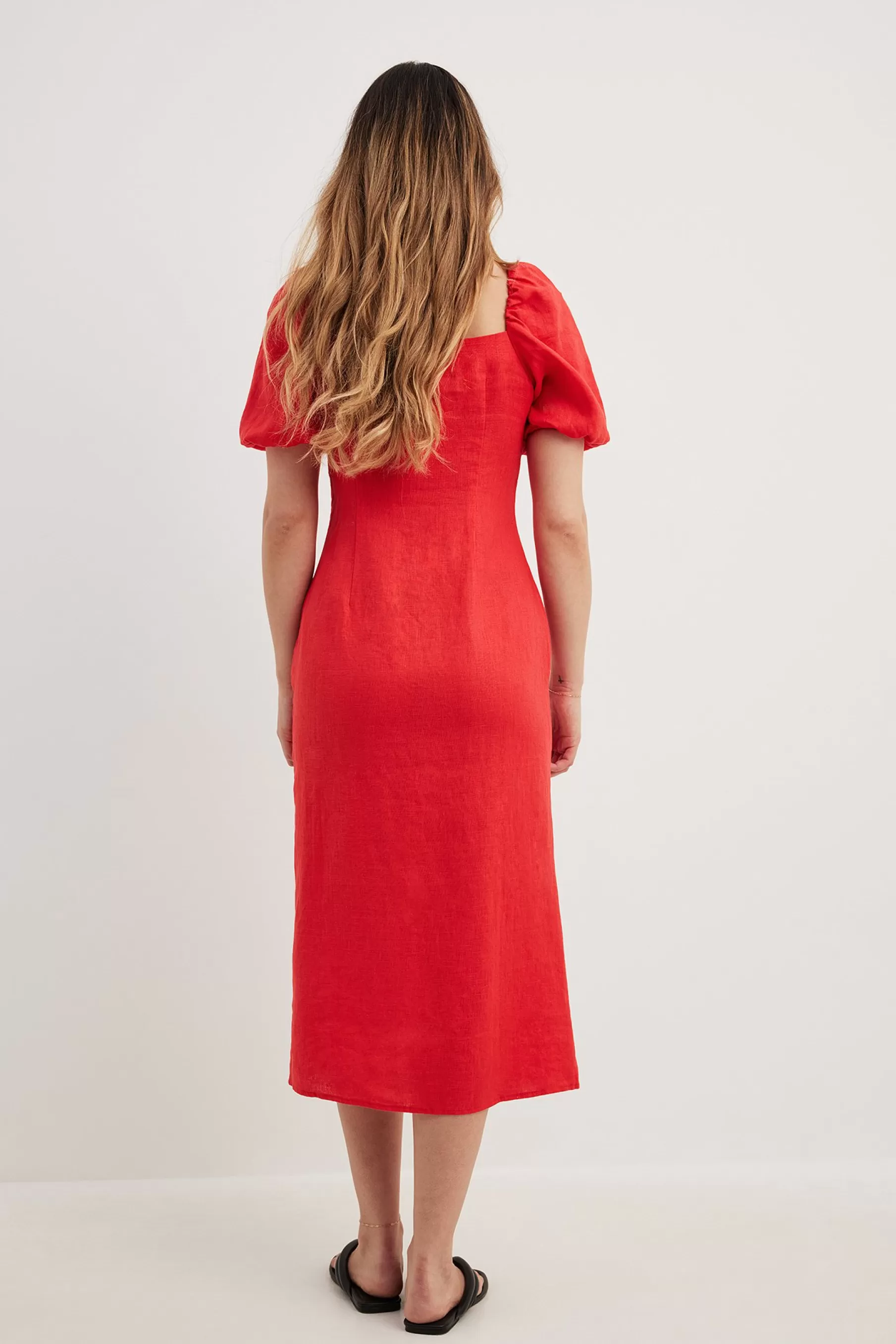 NA-KD Ruched Chest Slit Linen Dress Red