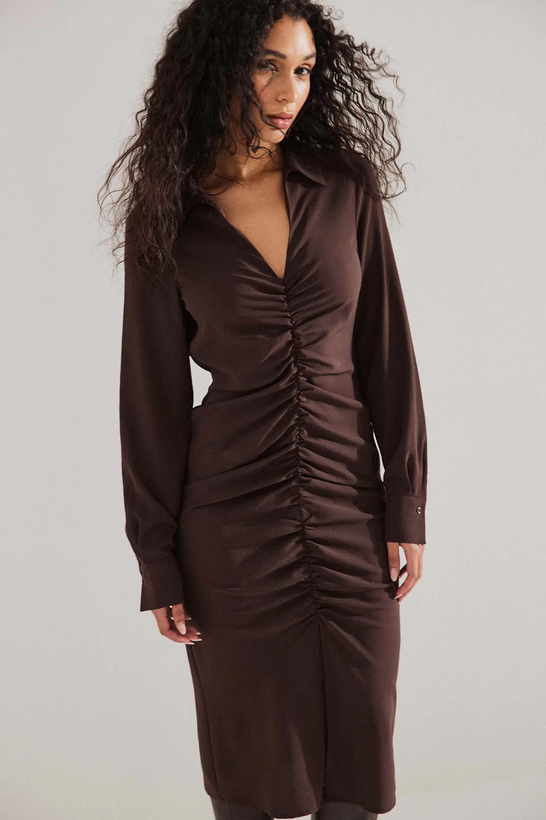 NA-KD Ruched Front Midi Dress Brown