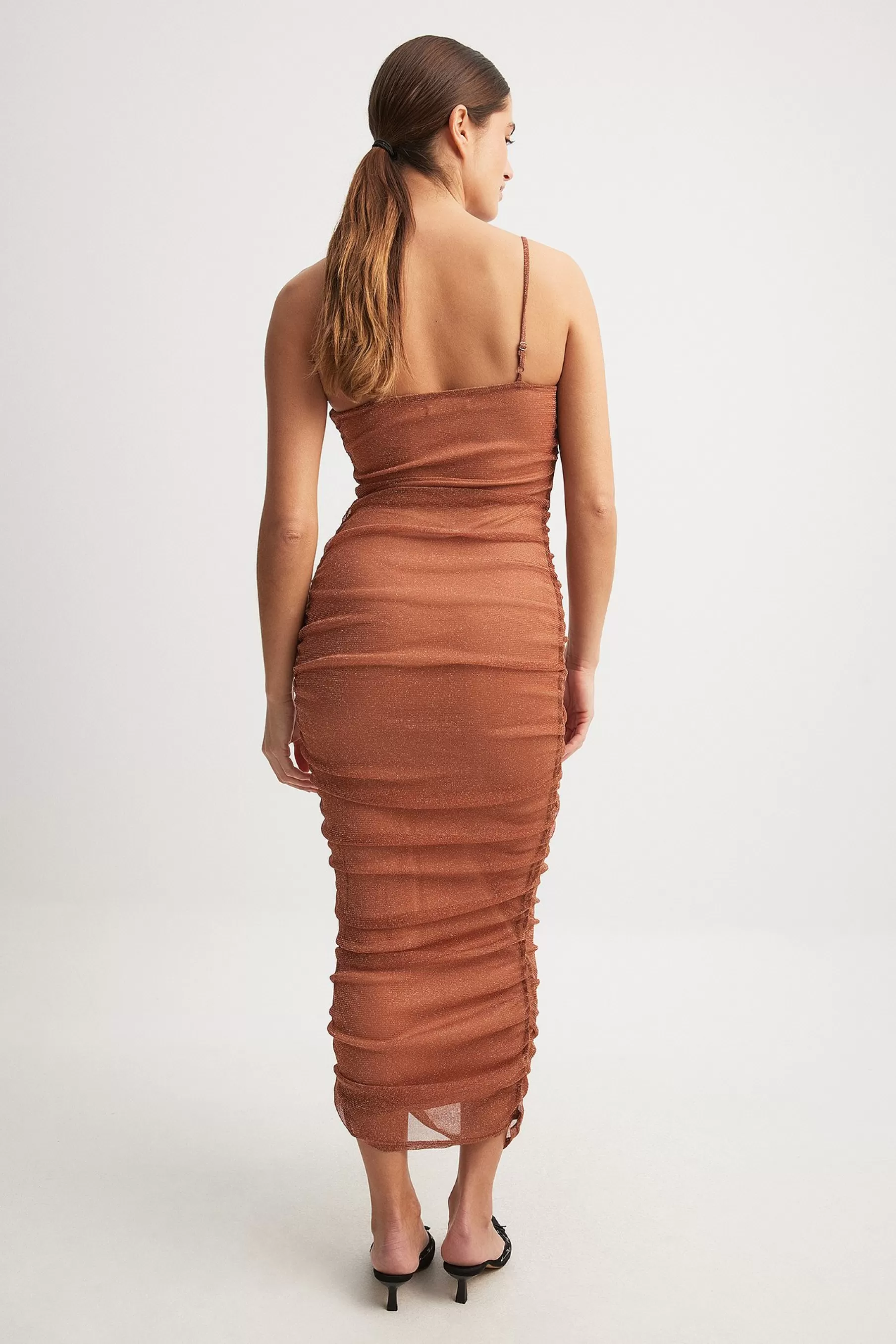 NA-KD Ruched Mesh Glitter Dress Brown