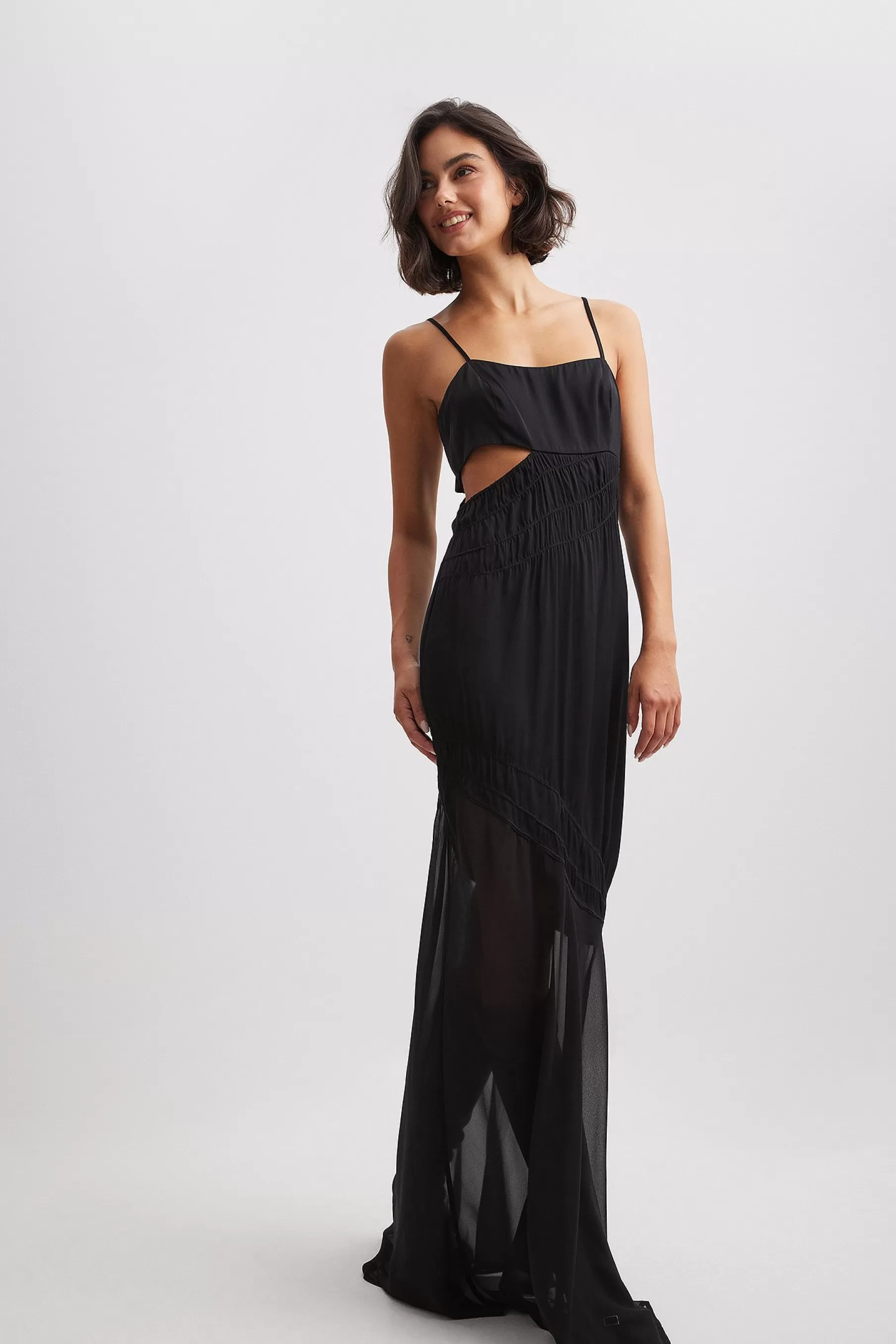 NA-KD Ruched Satin Maxi Dress Black