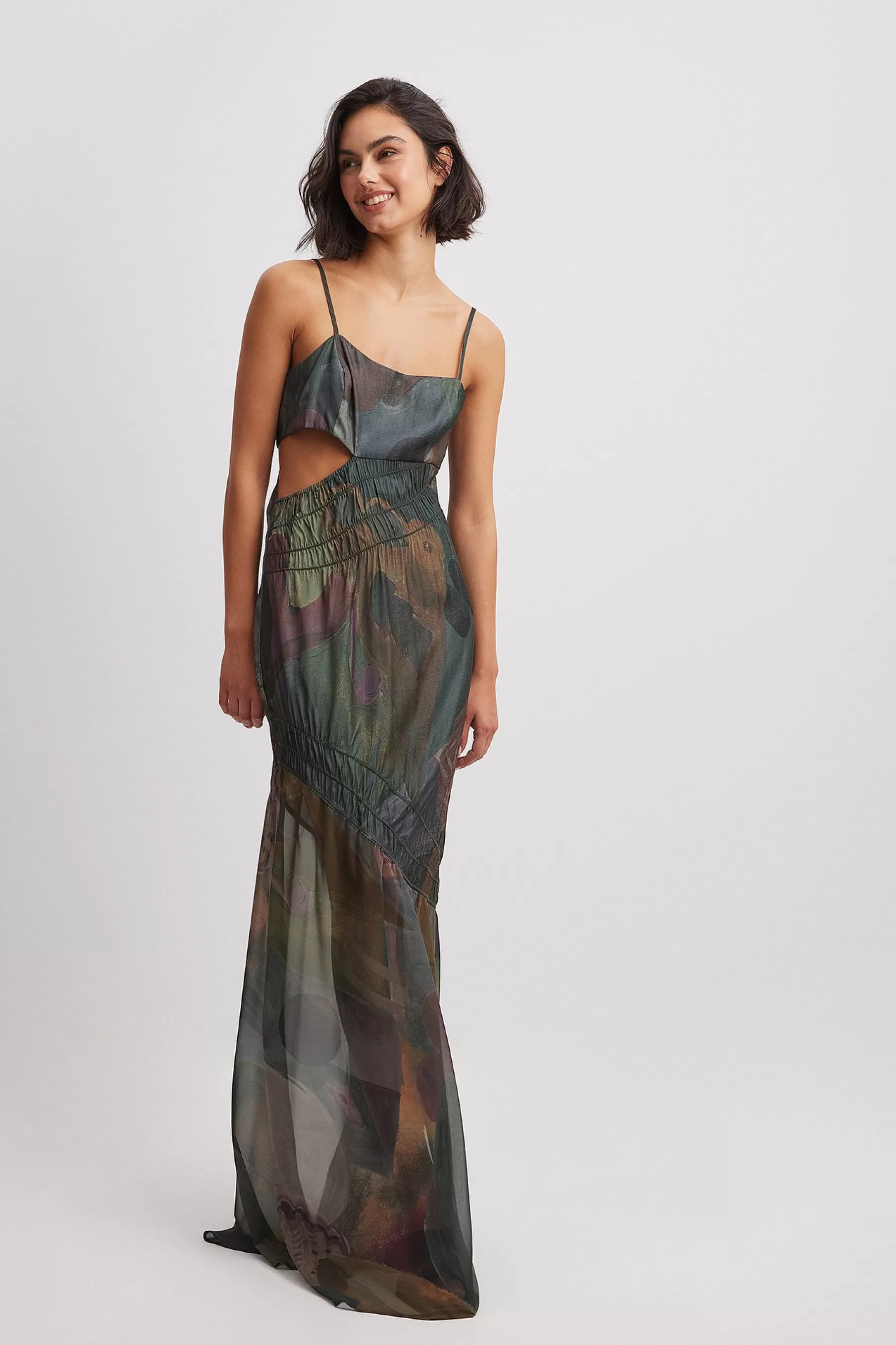 NA-KD Ruched Satin Maxi Dress Green