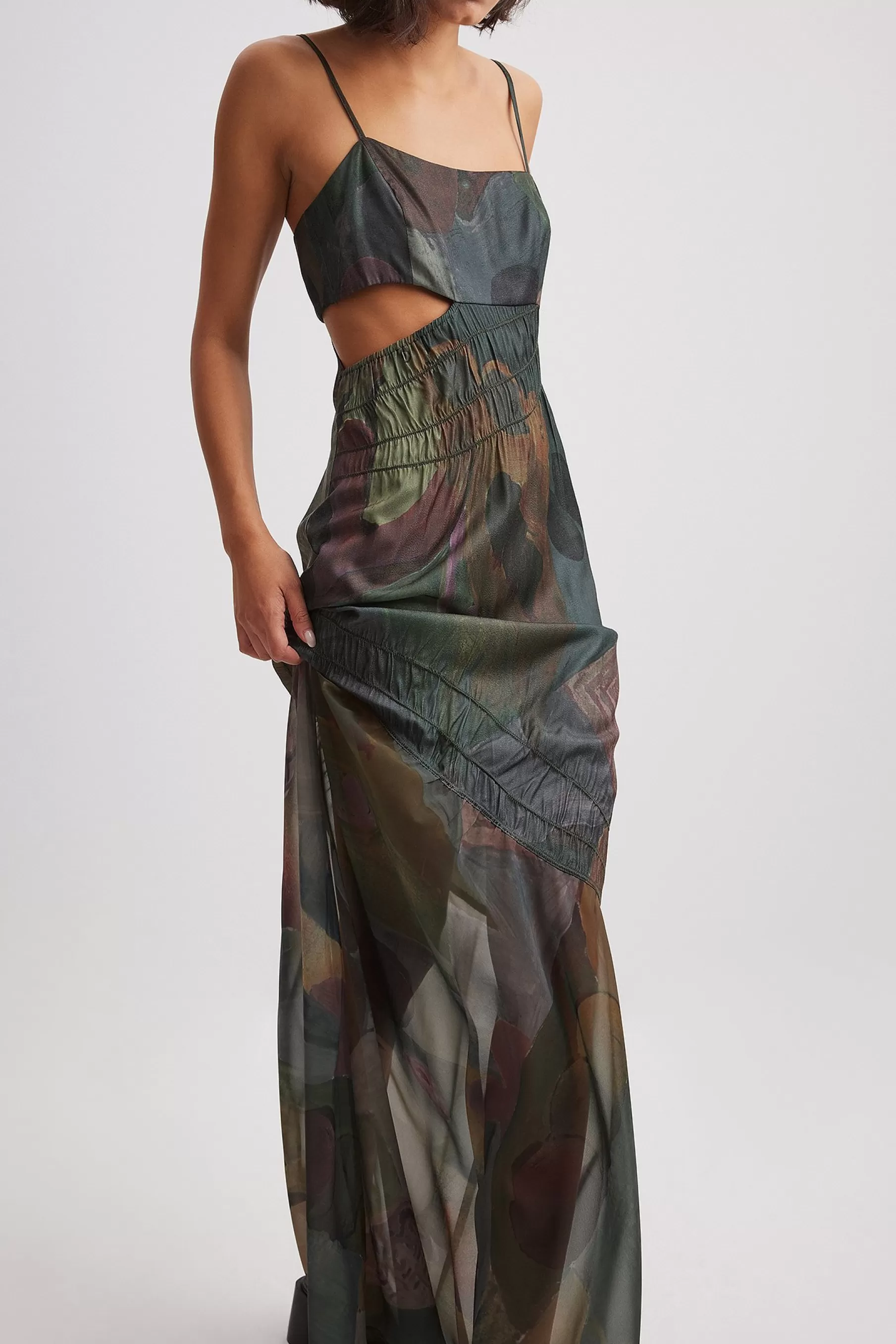 NA-KD Ruched Satin Maxi Dress Green