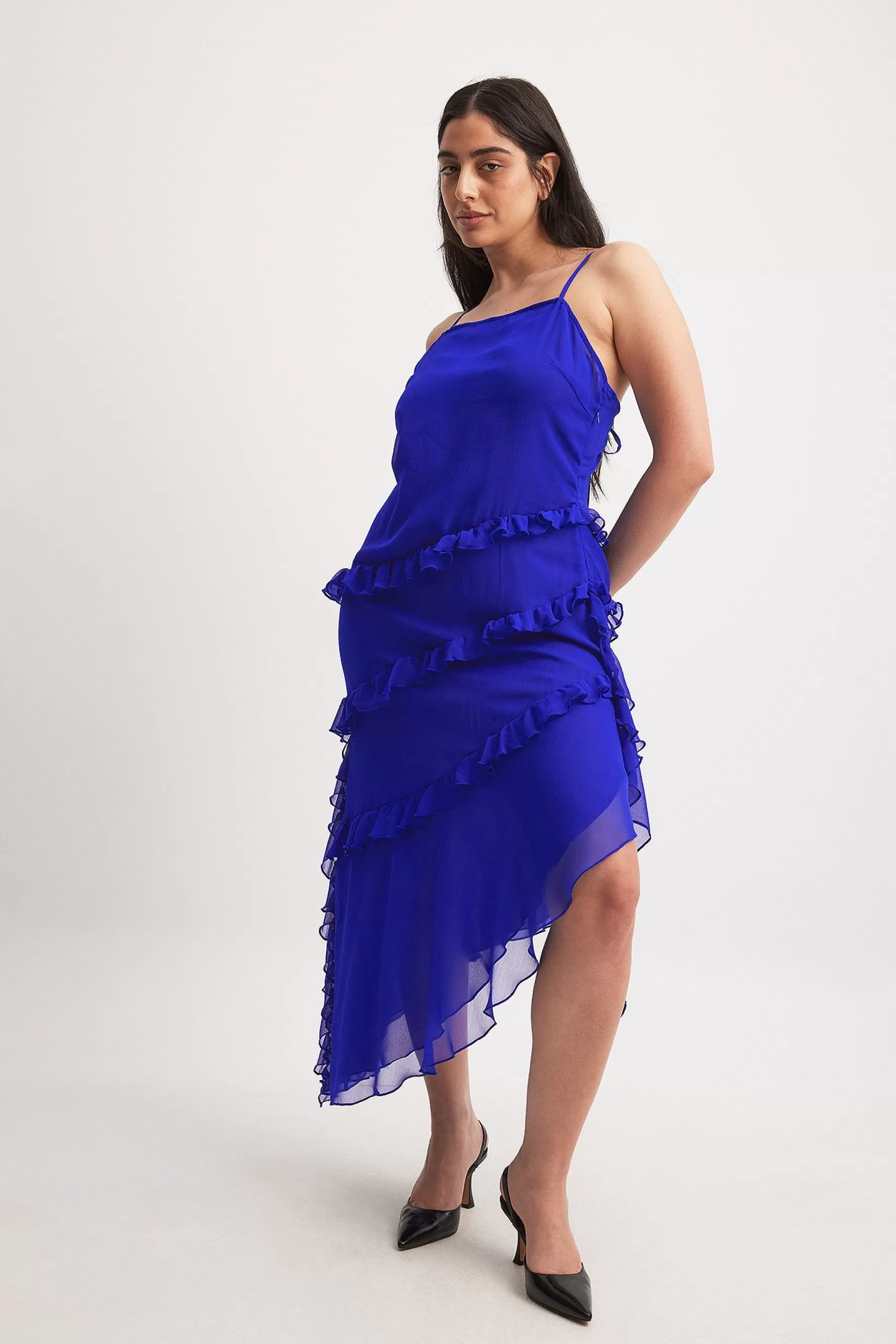 NA-KD Ruffle Chiffon Midi Dress Blue