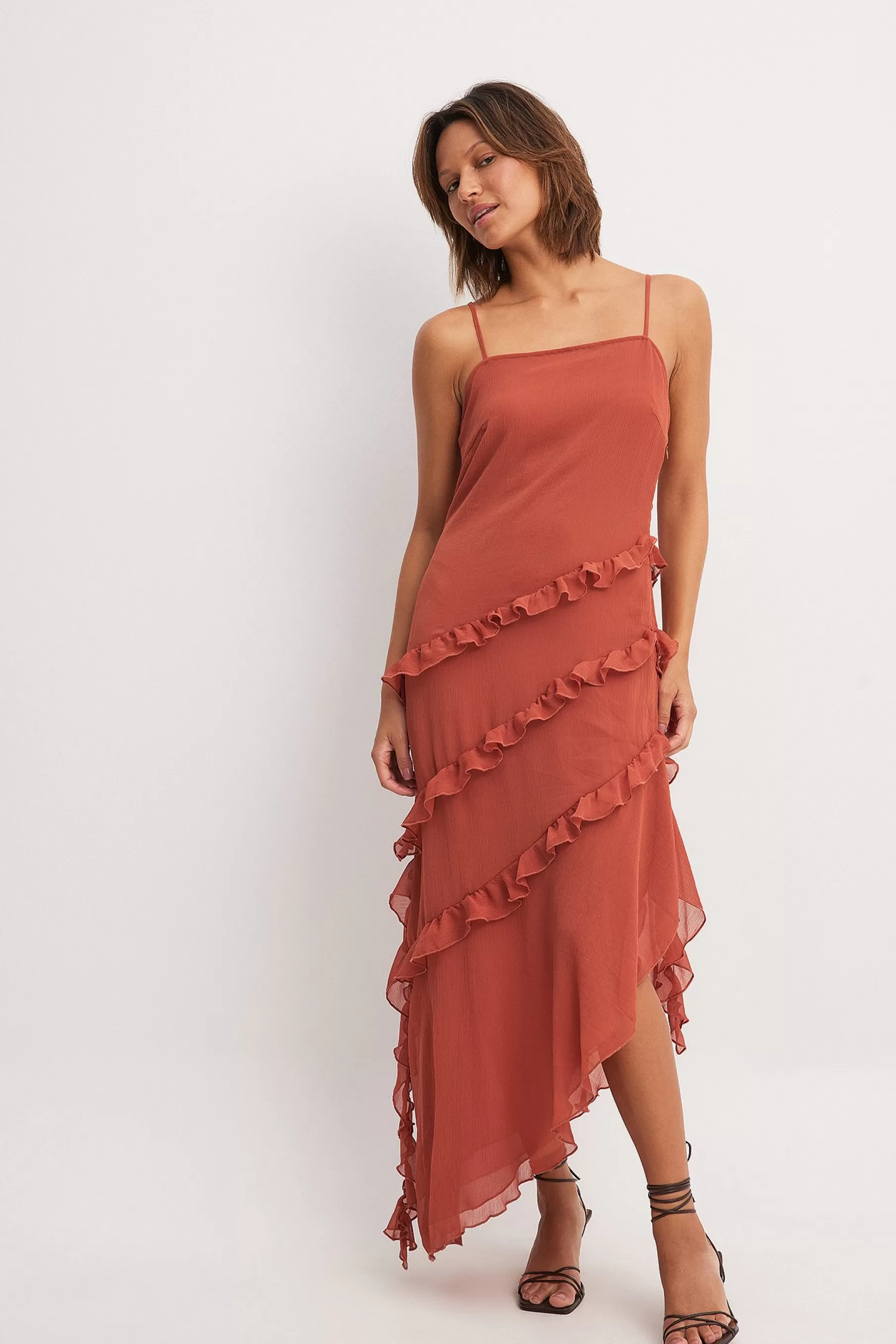 NA-KD Ruffle Chiffon Midi Dress Brown