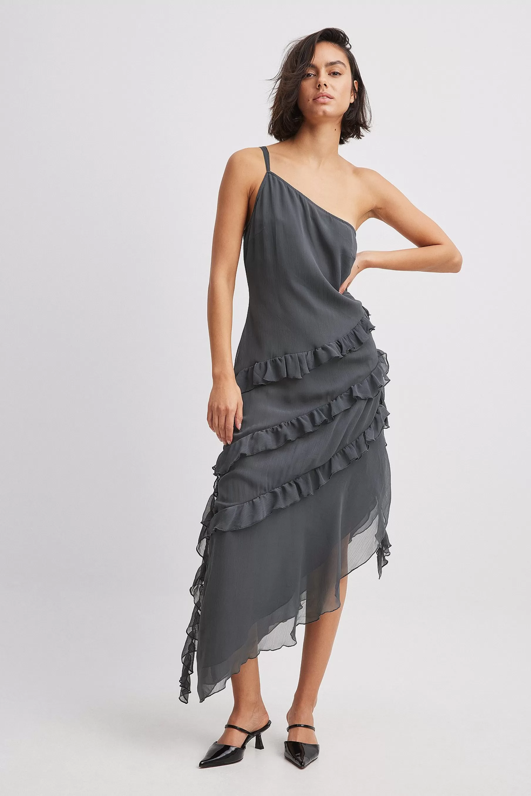 NA-KD Ruffle Chiffon Midi Dress Grey