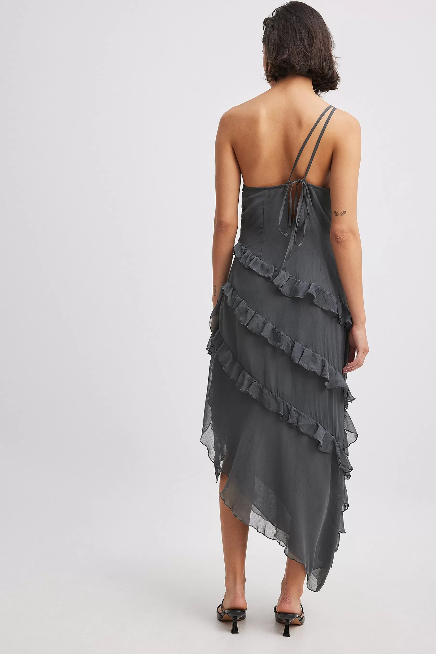 NA-KD Ruffle Chiffon Midi Dress Grey