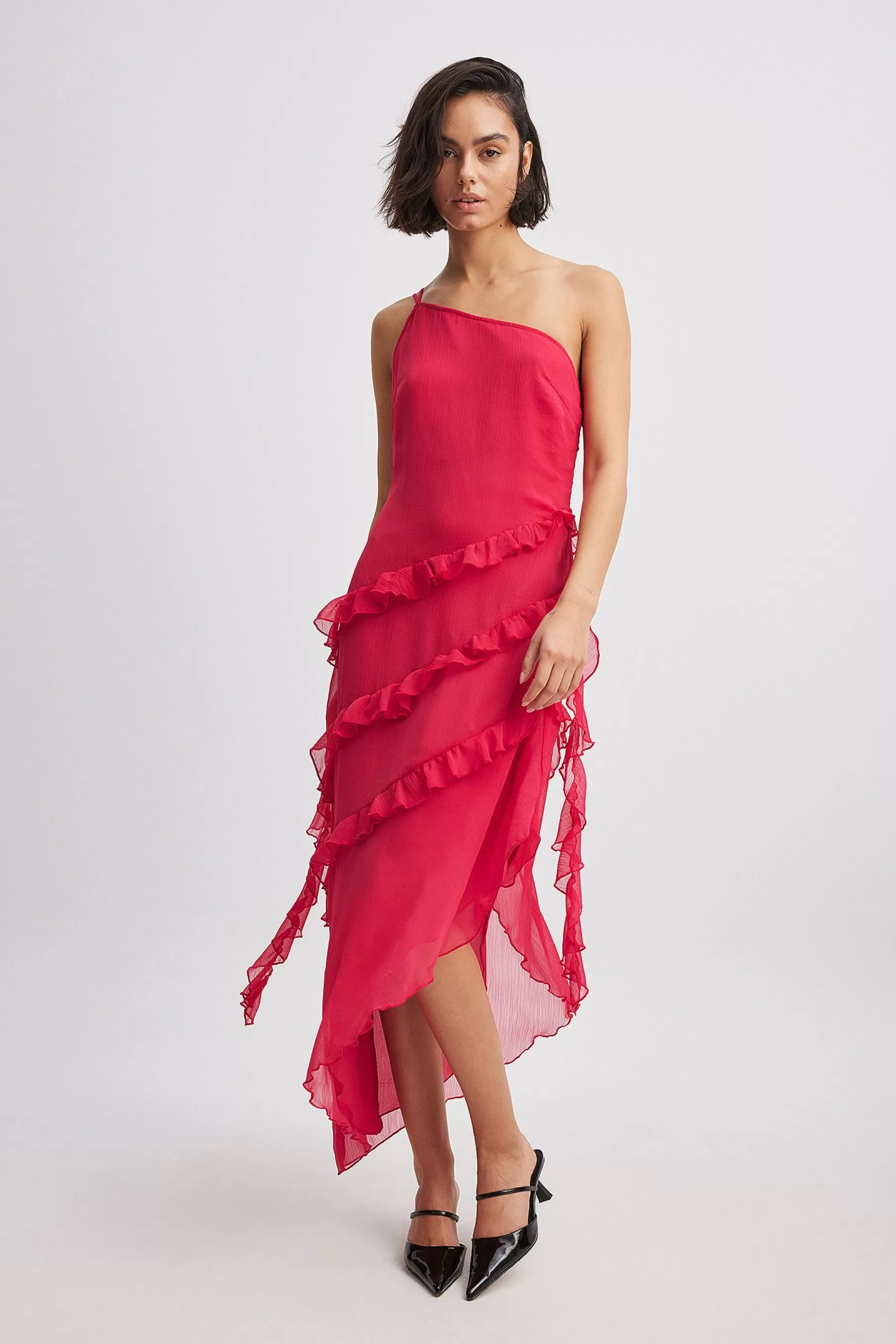 NA-KD Ruffle Chiffon Midi Dress Pink