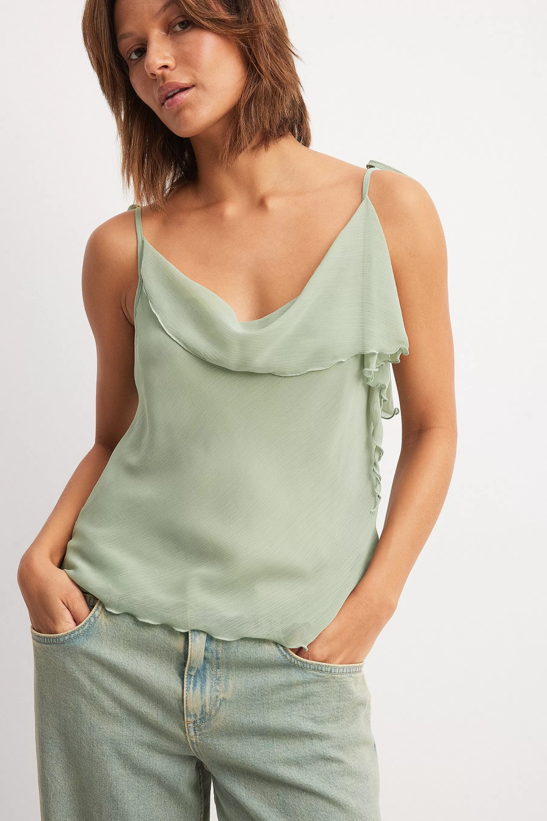 NA-KD Ruffle Chiffon Tie Detail Top Green